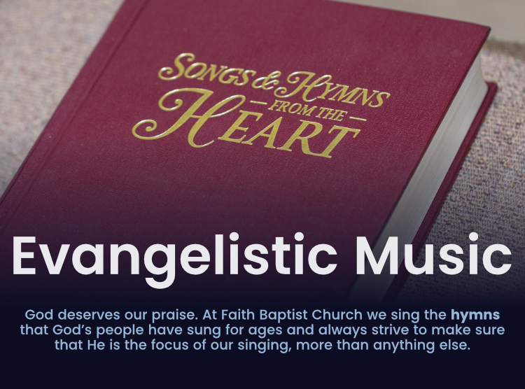 Red hymn book with 'Songs & Hymns from the Heart' on cover, text about evangelistic music.