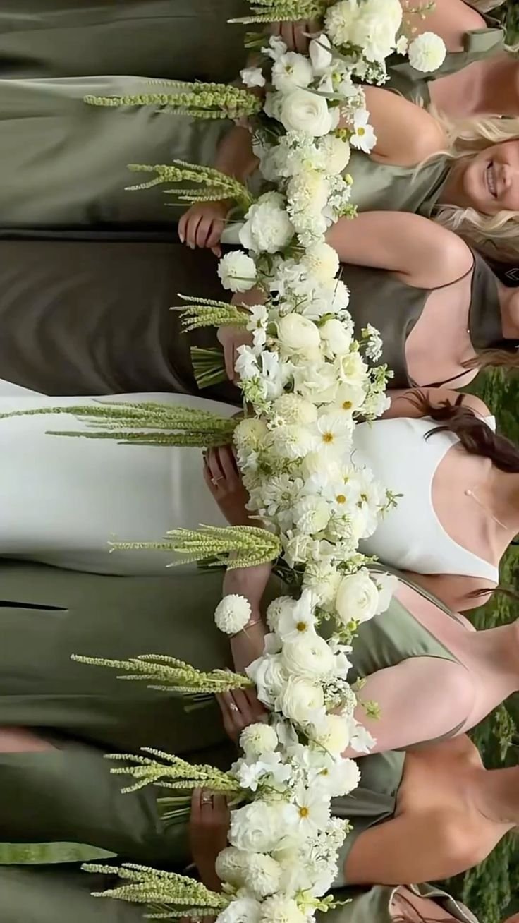 A Bride and her bridesmaids wearing sage green dresses with white and green floral bouquets. Muskoka wedding flowers