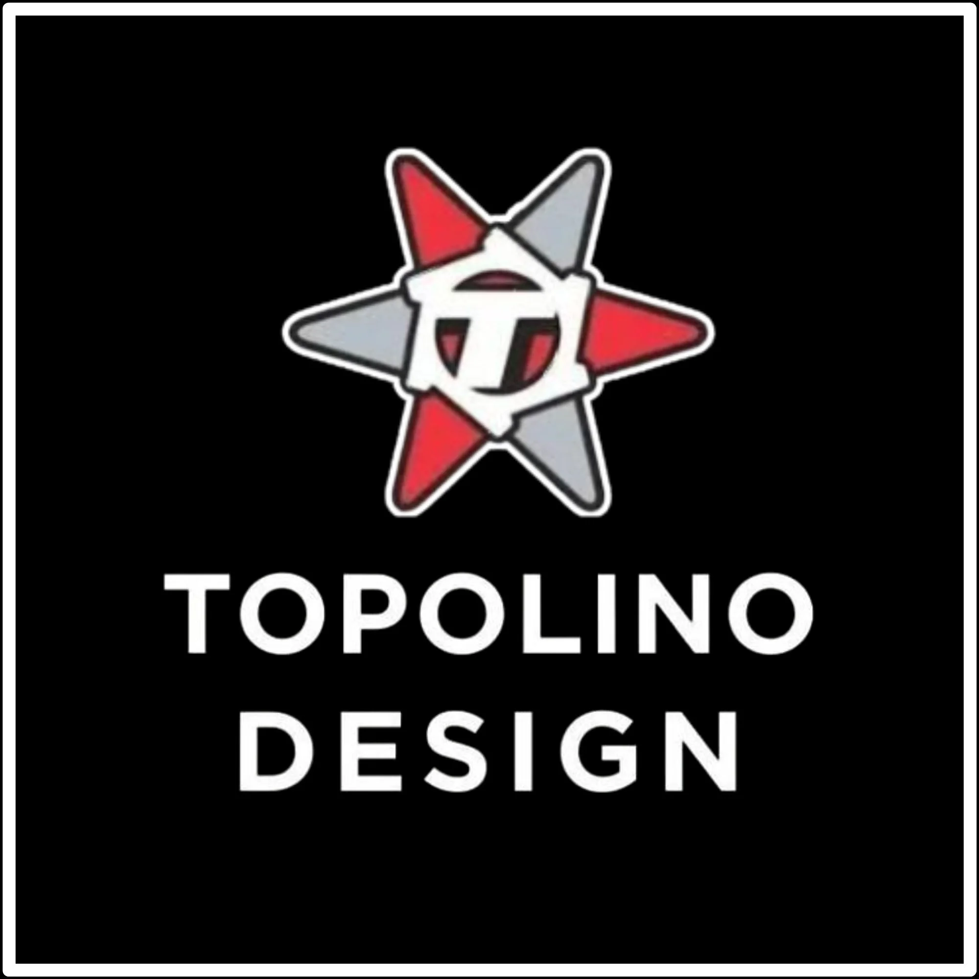 A logo of a black background with a red, white, and gray star with a cartoon face, and the words 'Topolino Design' written in white below.