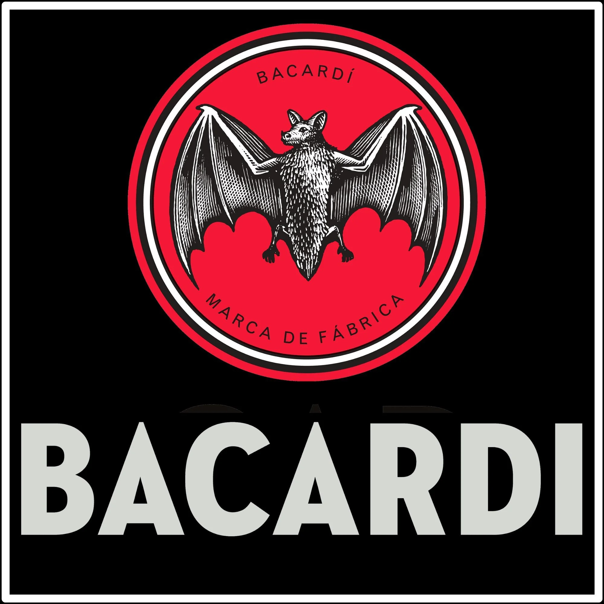 A circular logo with a bat illustration at the top, the word "BACARDÍ" curved around the top of the circle, and the words "MARCA DE FÁBRICA" at the bottom. Below the logo, the word "BACARDI" is written multiple times in large, bold, gray letters on a black background.