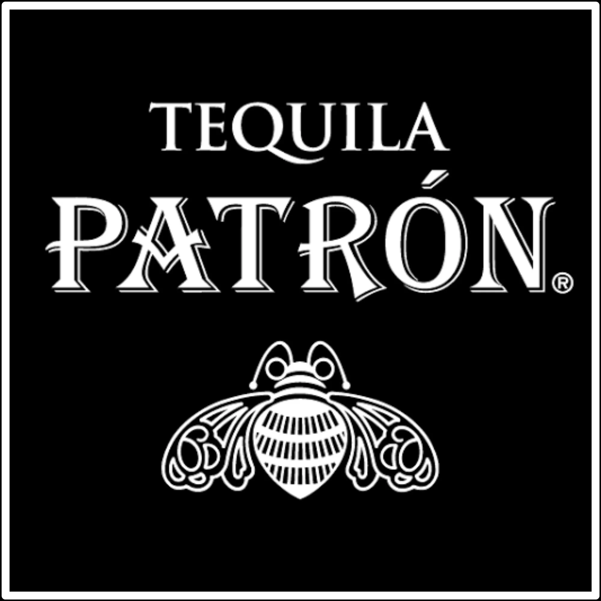 Black background with white stylized text 'TEQUILA PATRÓN' and a bull's head illustration below.