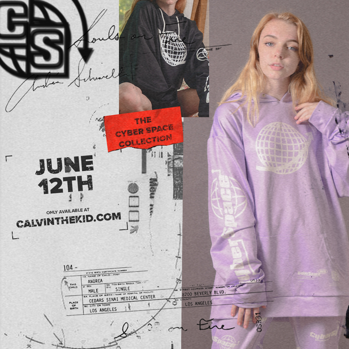 A collage featuring a young woman with red hair wearing a purple hoodie with the CyberSpace logo, a black hoodie with similar designs, and a promotional poster for 'The Cyber Space Collection' dated June 12th, available at calvinthekid.com.