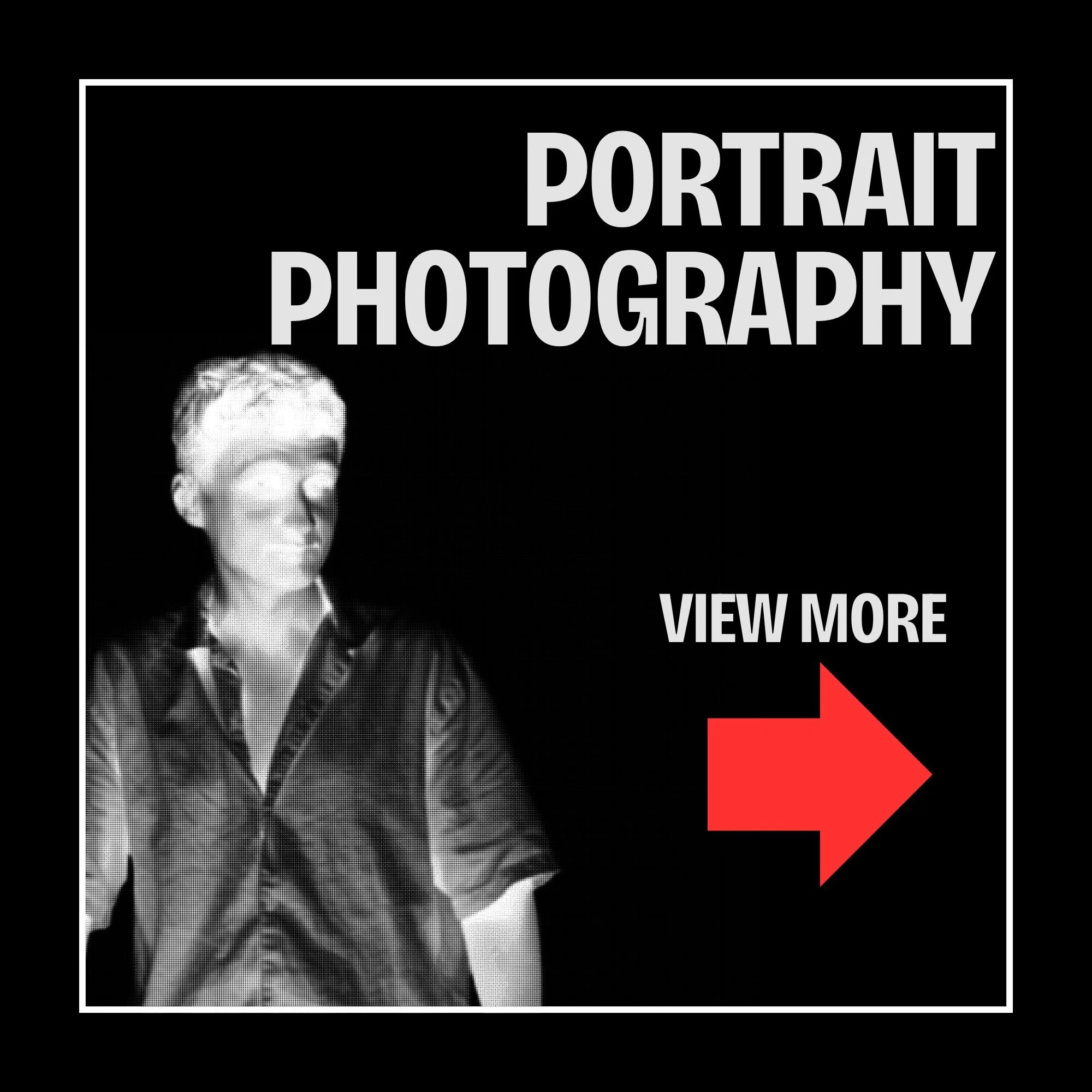 Black and white photo of a person with short hair wearing a leopard print jacket, looking to the side, with text overlay reading "PORTRAIT PHOTOGRAPHY" and a red arrow pointing to the right.