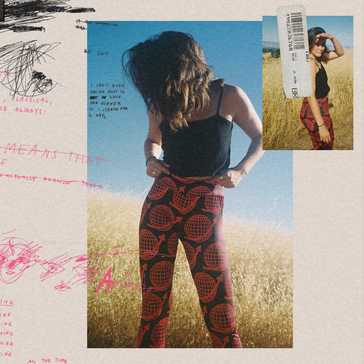 A woman standing in a field of tall grass, wearing black and red patterned pants and a black sleeveless top, with her hands on her hips and her head bent down. There is a smaller photo of her on the right, where she's posing with her hand shielding her eyes, and a paper ticket held in front of her face. The background features a blue sky and handwritten notes and scribbles overlayed on the image.