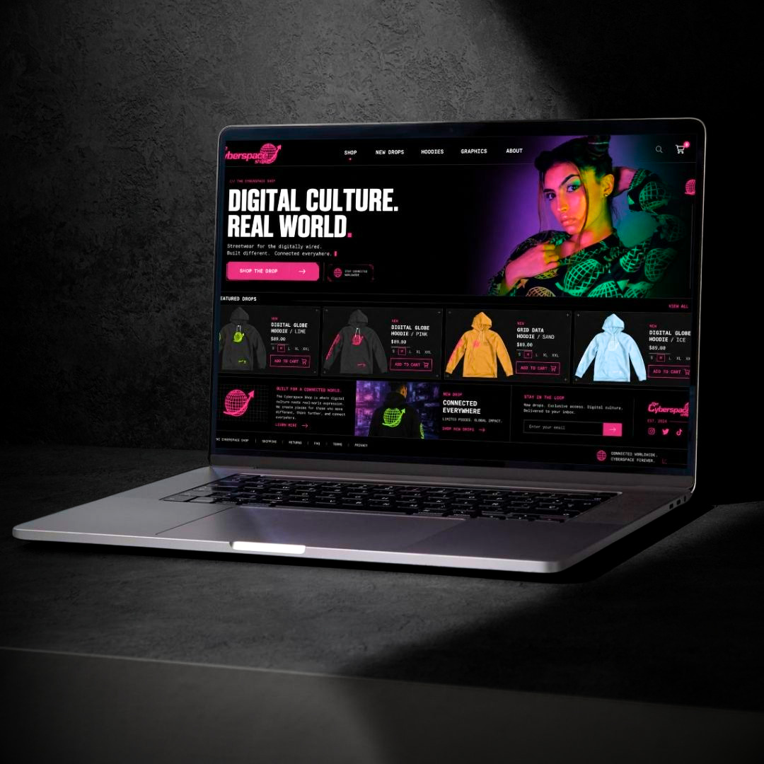 A laptop displaying an online store for digital streetwear with neon-themed colors and graphics, including hoodies and jackets, against a dark background.