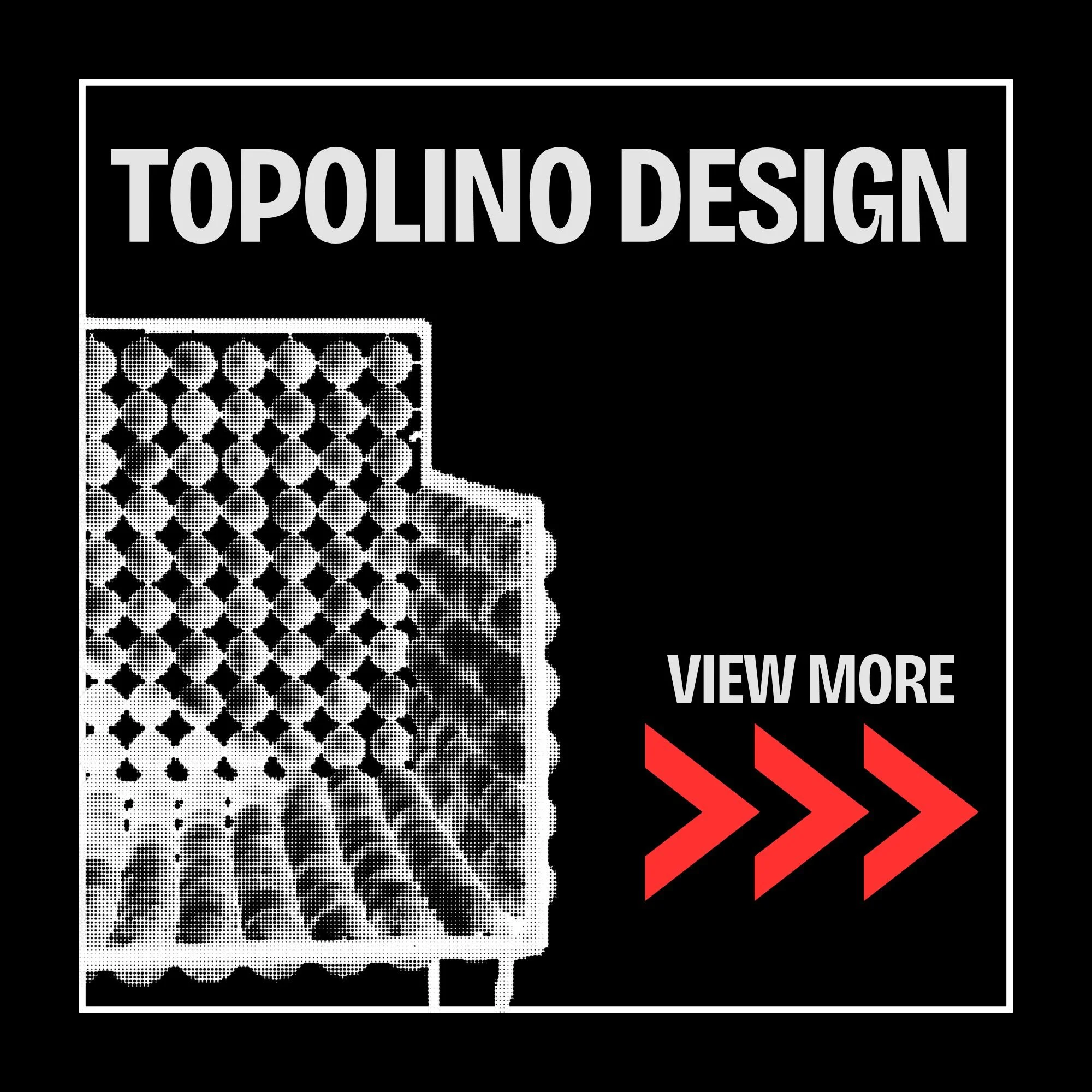 A black background with white text that says 'Topolino Design'. An image of a patterned surface with circles and diamonds is on the left side, and there are red arrow-like shapes on the bottom right corner.