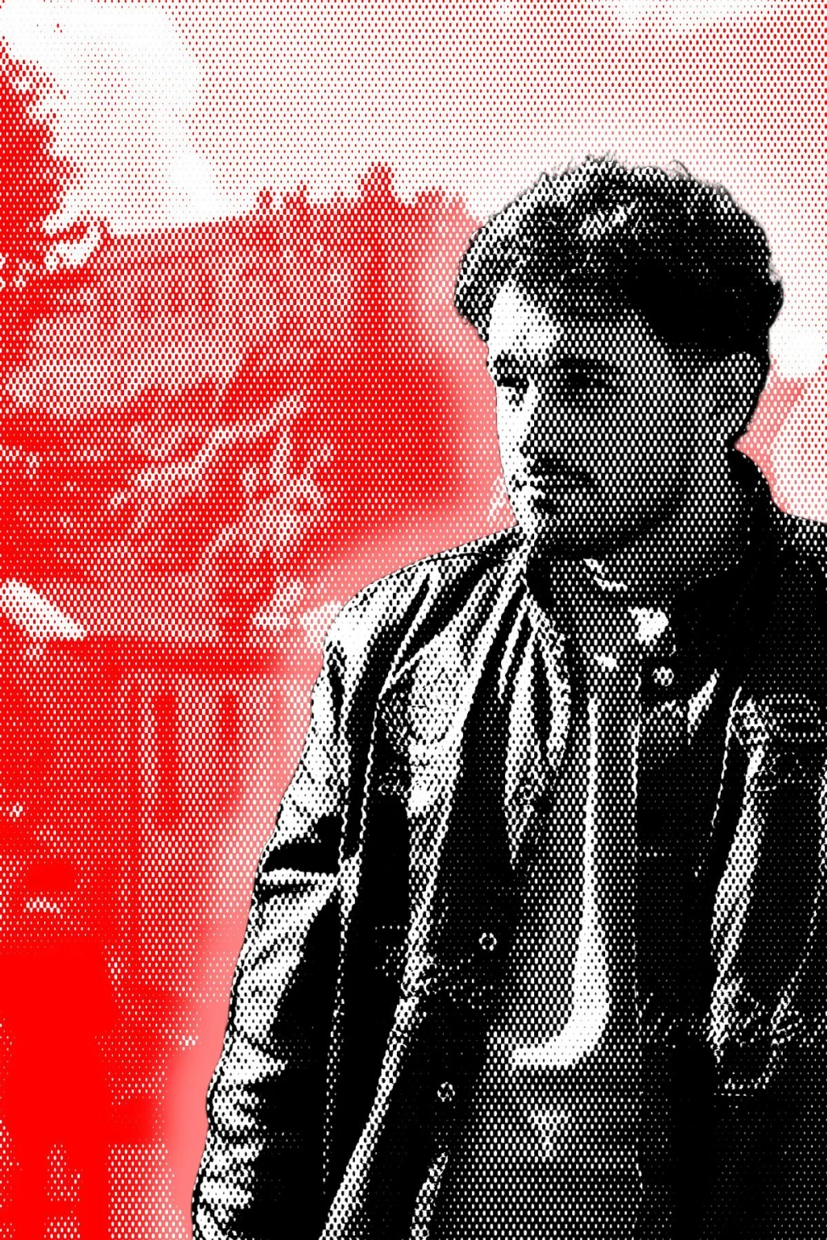 A black and white photo of a young man with dark hair, wearing a striped jacket, standing outdoors with trees and a hill in the background, depicted with a red and white halftone filter.
