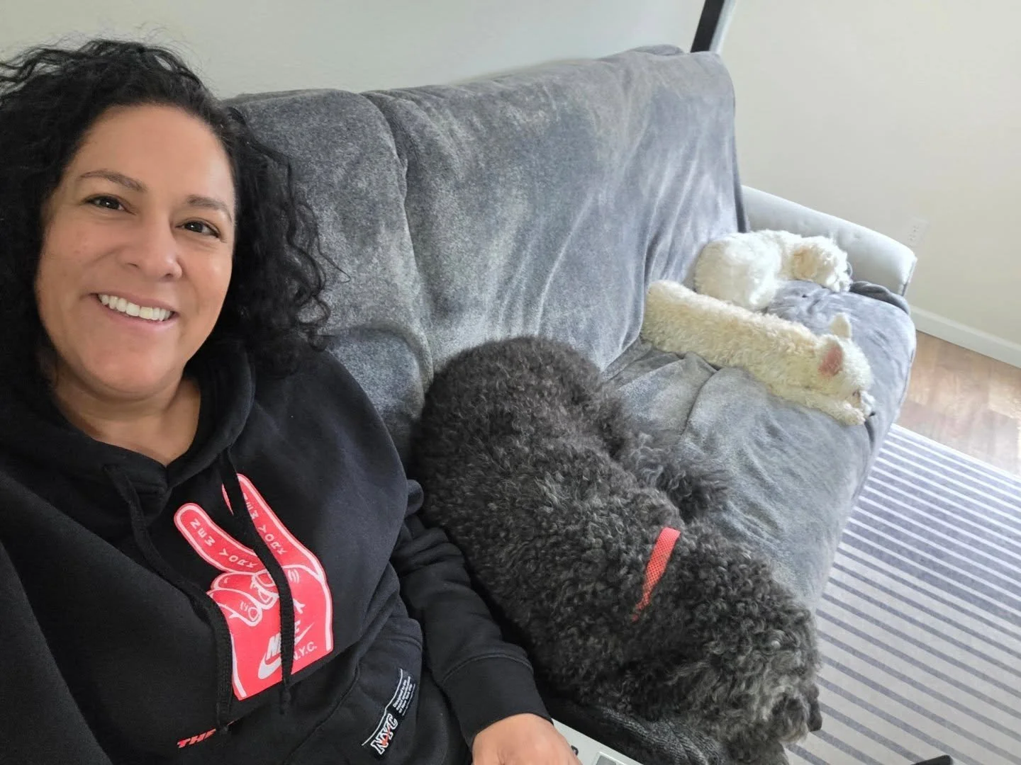 At @workwithimagen we like to make work fun, happy and pup friendly, Here's to my work from home crew this week. 

From left to right we have Pebbles, Chief Snack and Nap Officer; @isla_the_schnoodle, Chief Snuggle and  Barketing Officer; and our spe