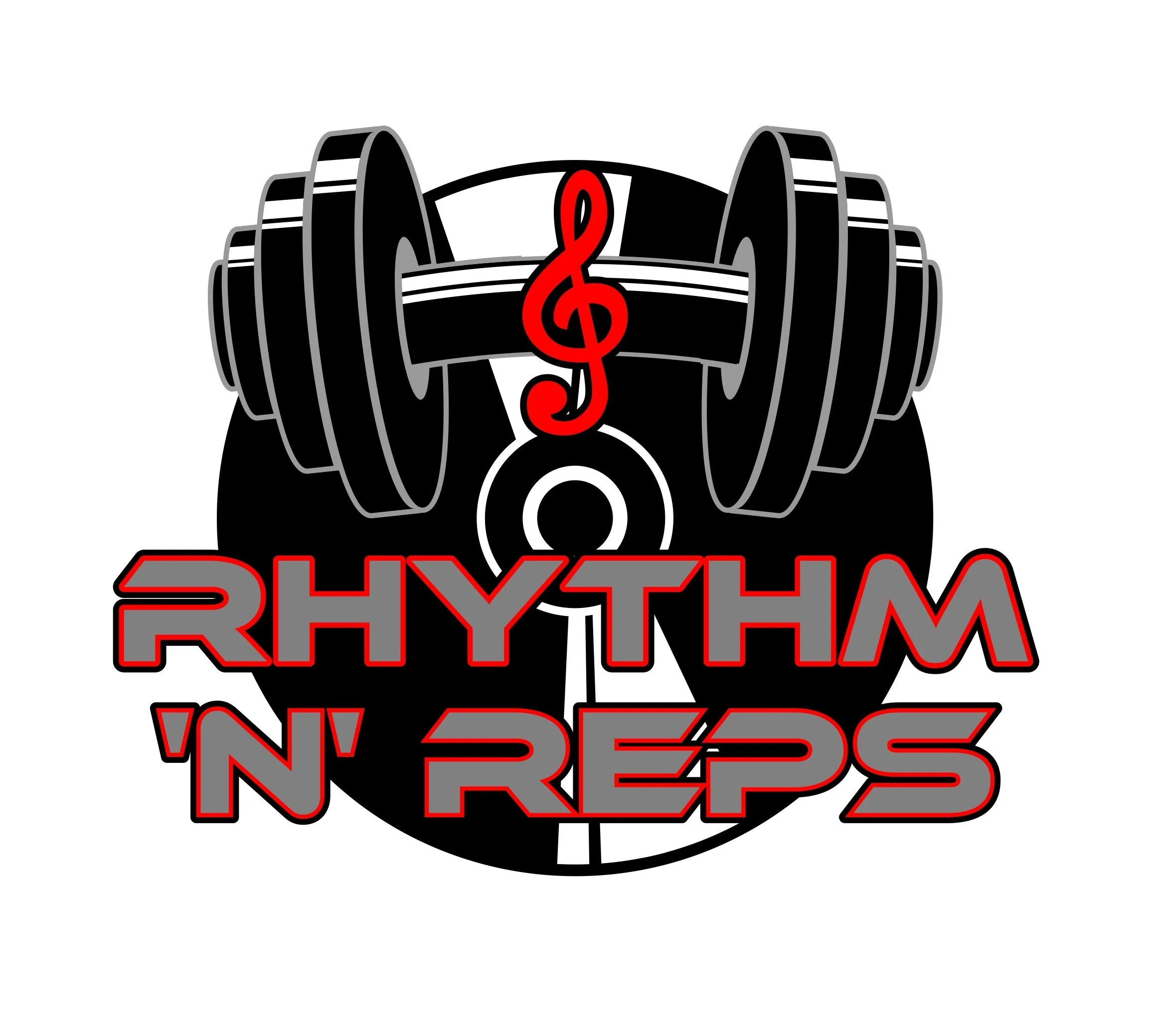 Logo with a dumbbell, treble clef, and "Rhythm 'N' Reps" text.
