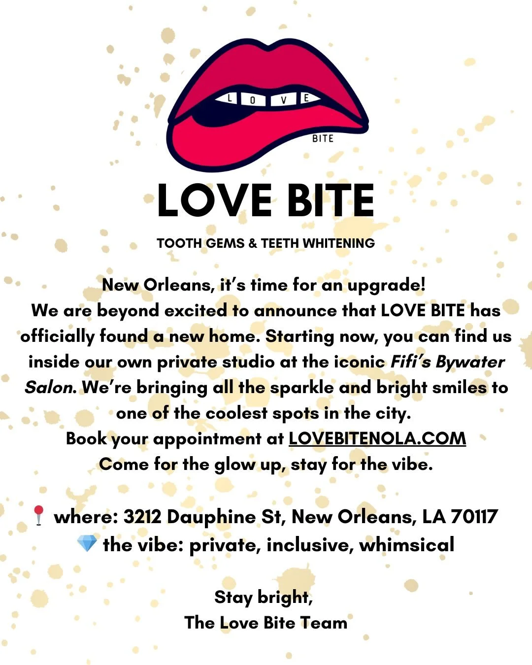 BIG NEWS! come find your girl at Fifi&rsquo;s Bywater Salon ✨

#lovebitetoothgems #lovebiteteethwhitening #nolatoothgems #nolateethwhitening #lovebitenola
