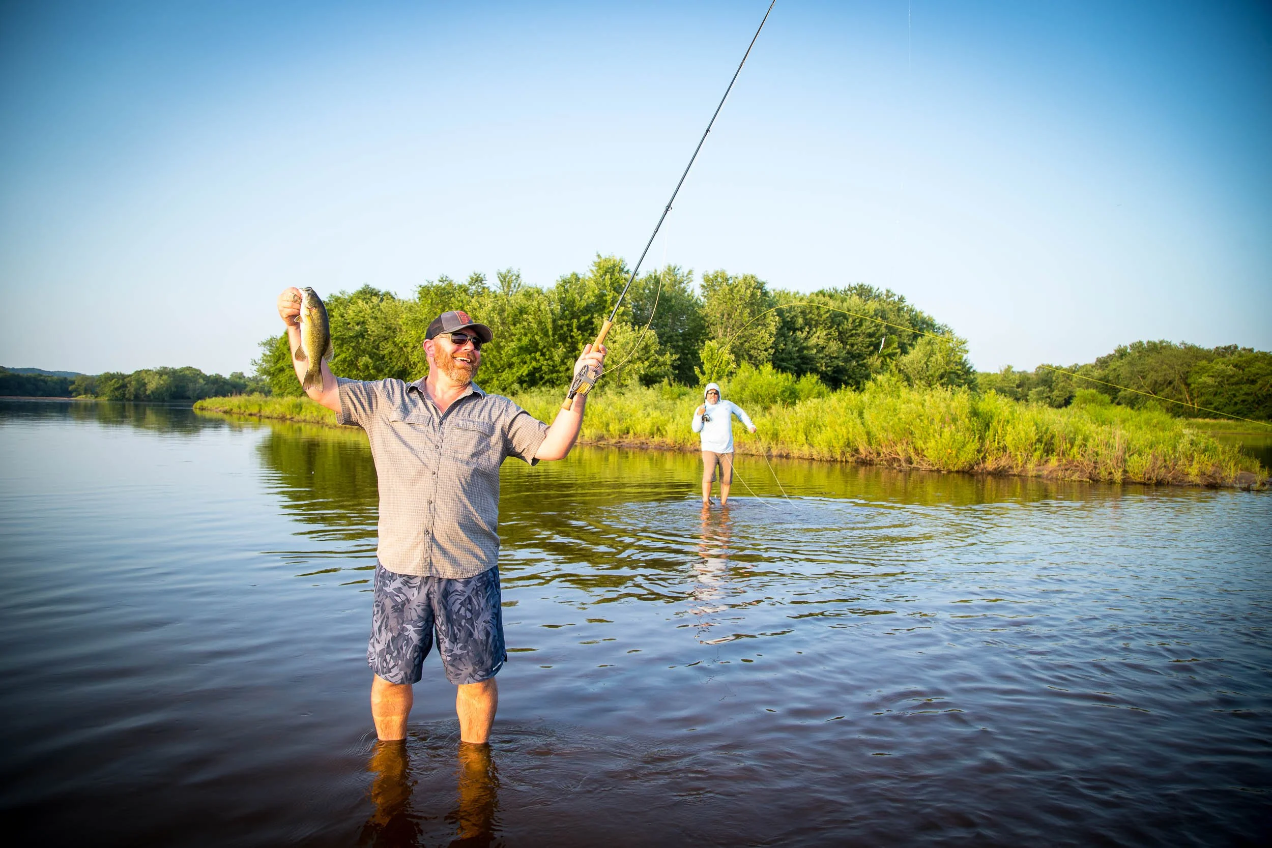 Happy anglers doubled up while fishing the Wisconsin River with Black Earth Angling Co.