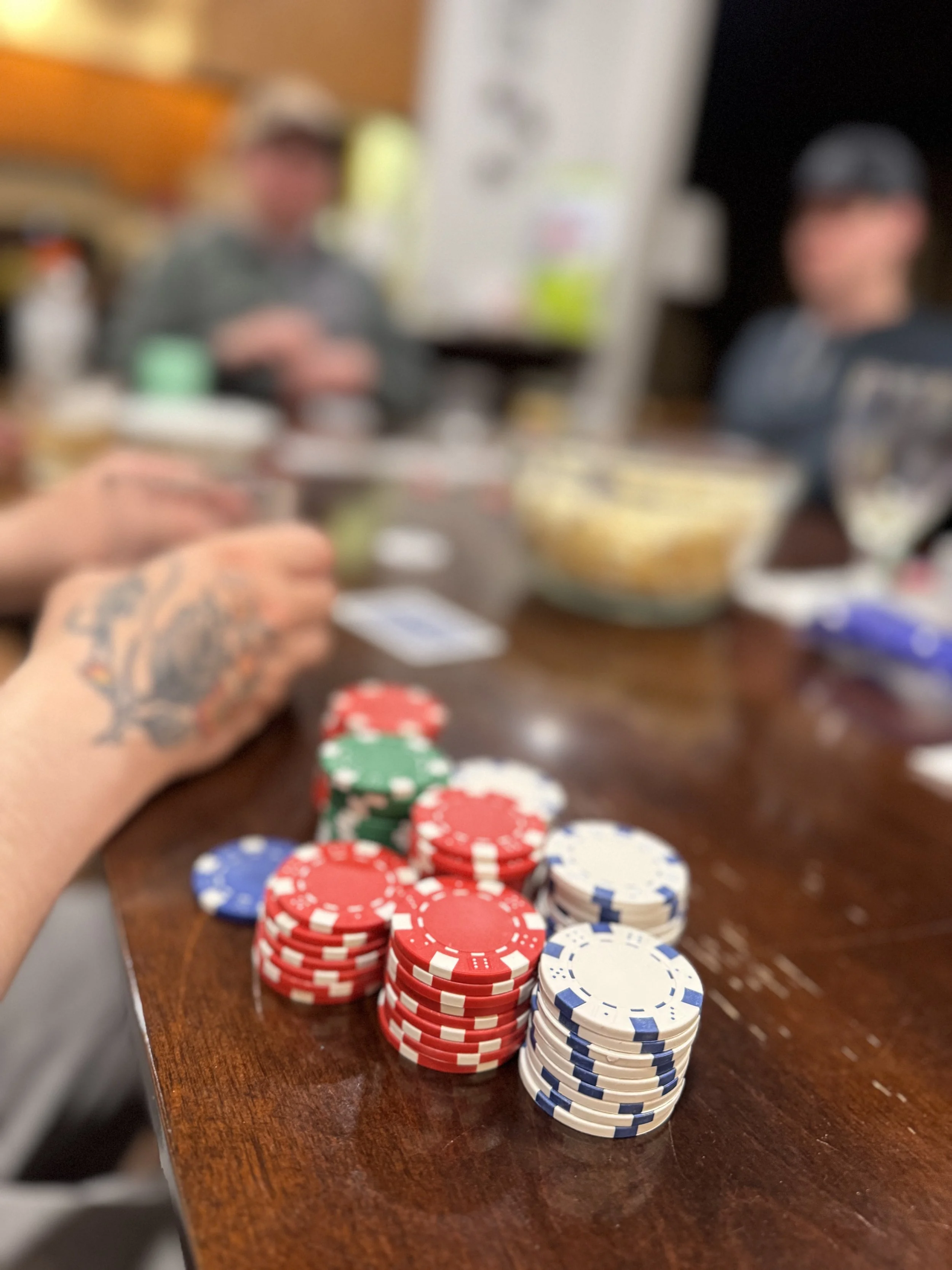 Poker chips stacked at Trout Camp