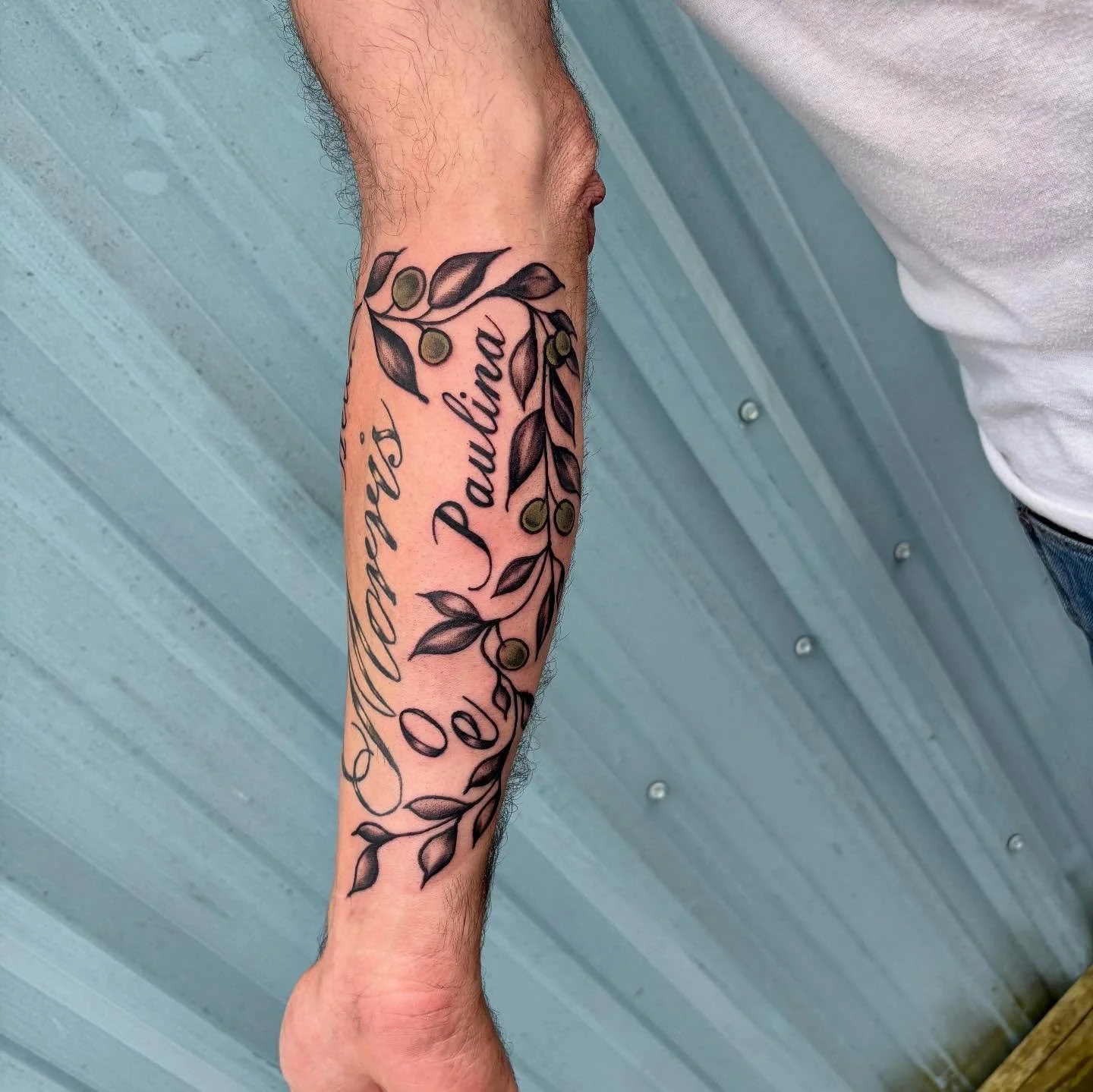 Olive branch 🫒and script for Anthony by @rossiprojects 

#freehandtattoo #olivebranchtattoo