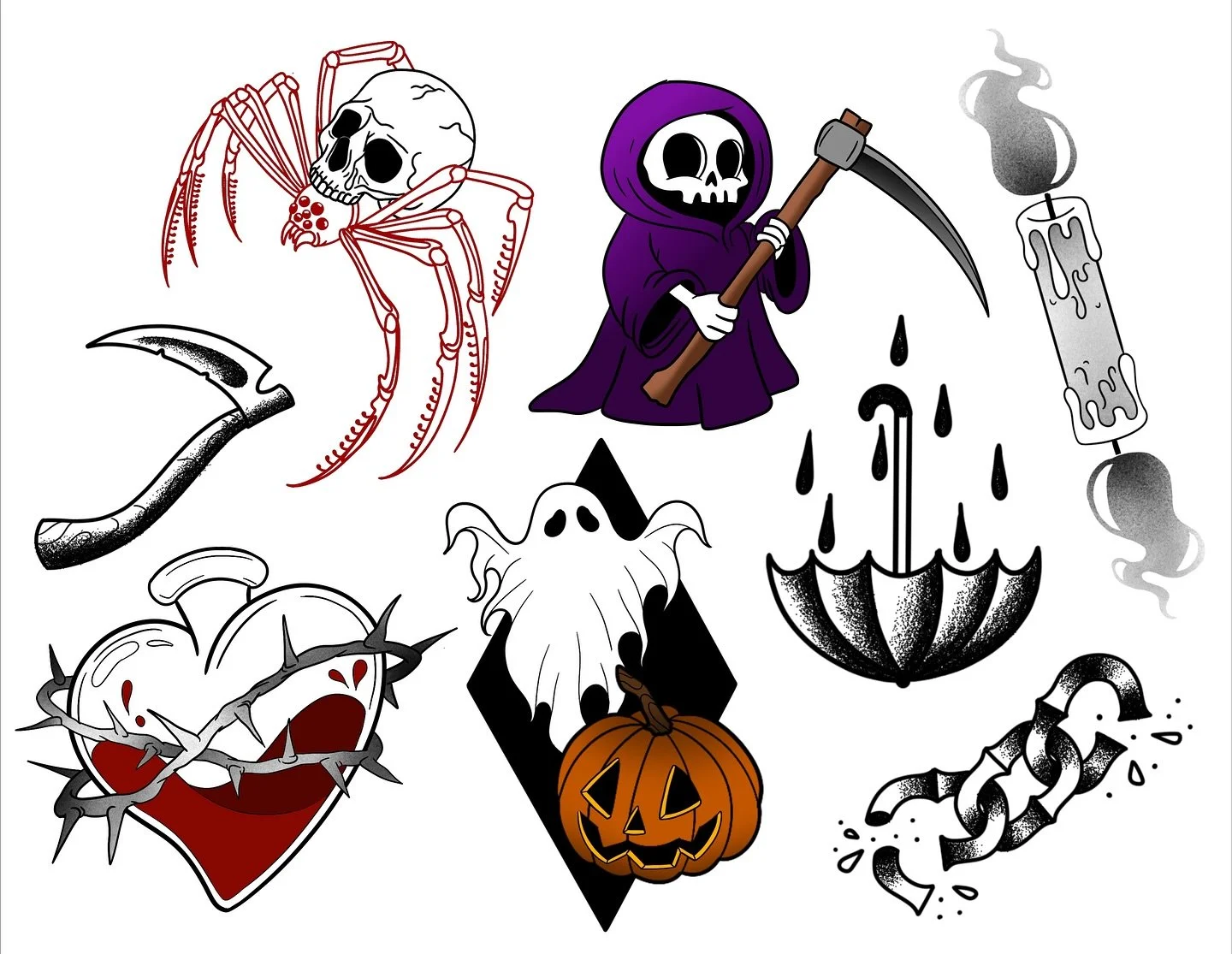 @kinley_raine Halloween Flash are here!!! Flash will be offered Oct 31st and Nov 1st
Doors open at 10am
Each artist will tattoo from their own sheet
Arms and legs only
Photo ID required 
No children please
See you Friday and Saturday!