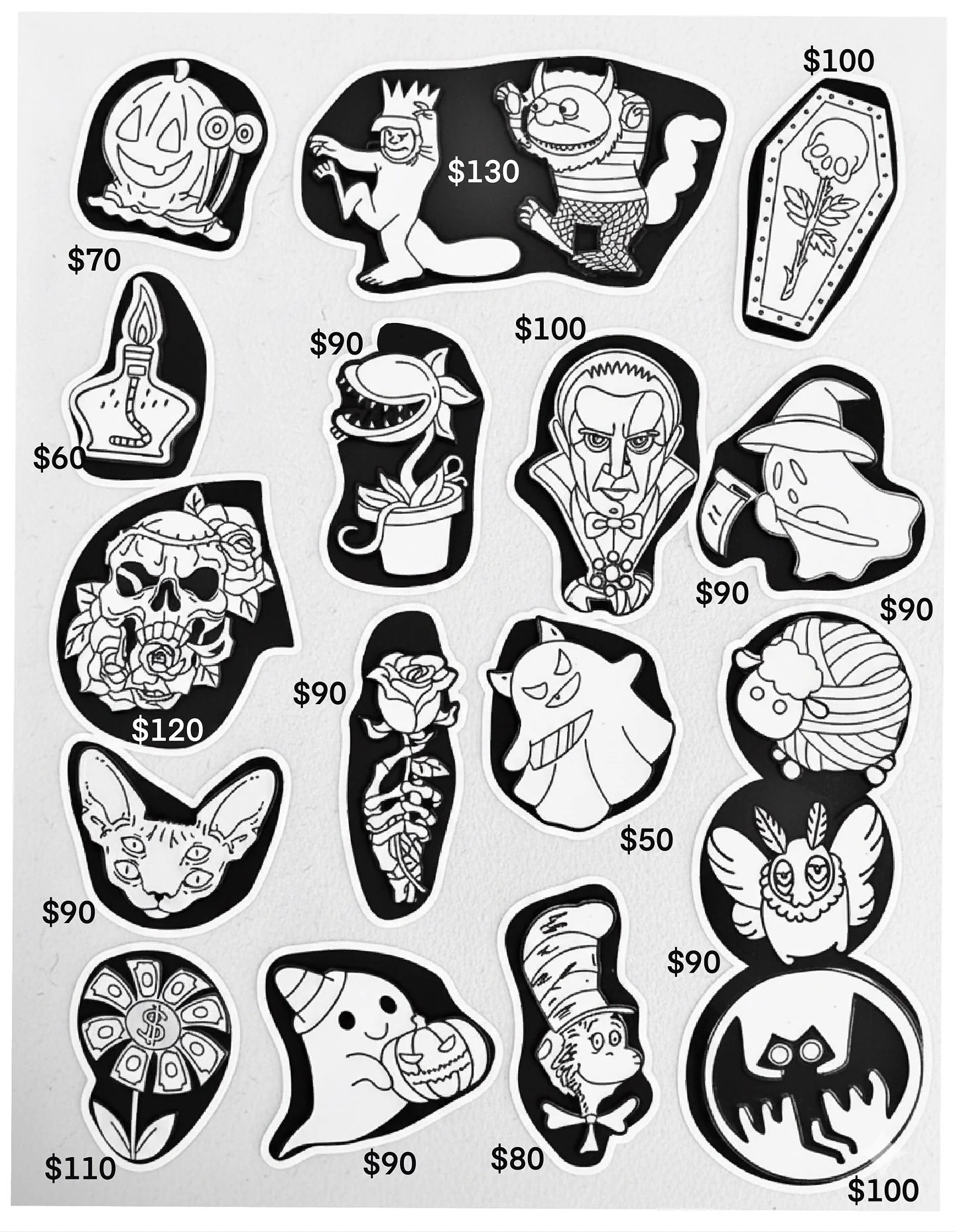 🎃 @rossiprojects Halloween Flash is here! 👻 Join us October 31st &amp; November 1st &mdash; doors open at 10 AM!
Our flash designs are based on our enamel pins, and while supplies last, you&rsquo;ll get a free pin with your tattoo! Each artist will