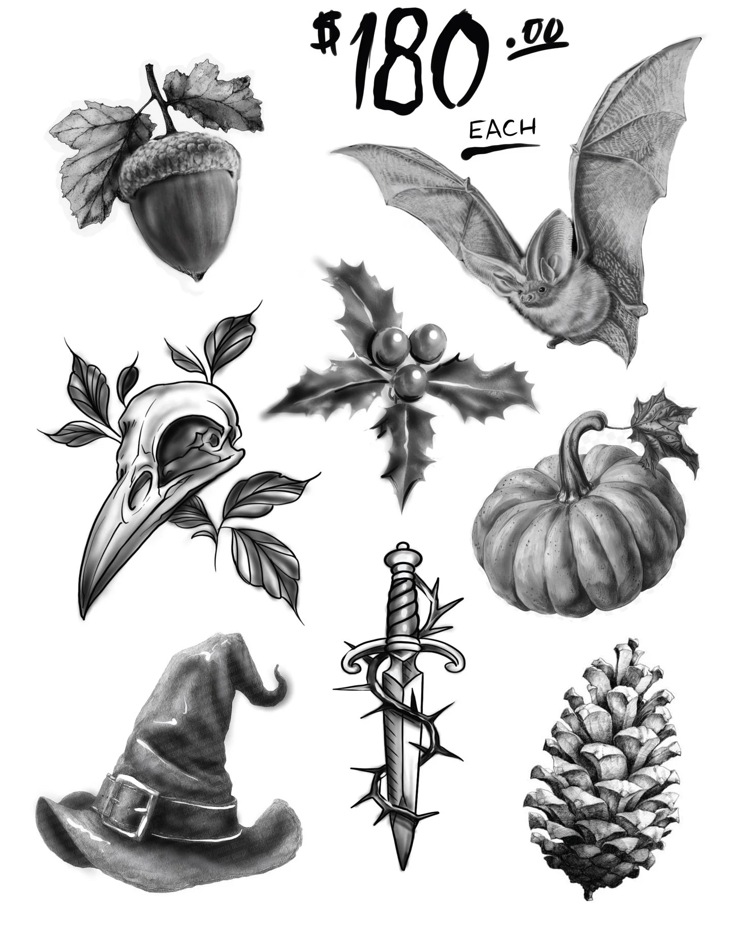 🎃 @dougtesh Halloween Flash is here! 👻 Join us October 31st &amp; November 1st &mdash; doors open at 10 AM!
Each artist will be tattooing from their own flash sheet.
🦴 Arms &amp; legs only 🪪 Photo ID required 🚫 No children, please
Black and Gray