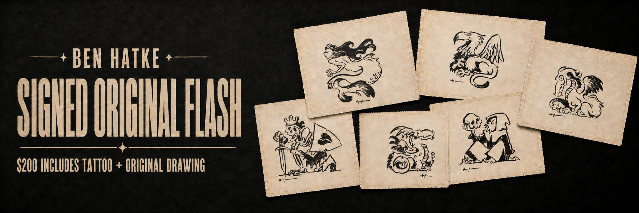 Ben Hatke signed original flash tattoo campaign featuring six one-of-a-kind designs; tattoo and original drawing included for $200.