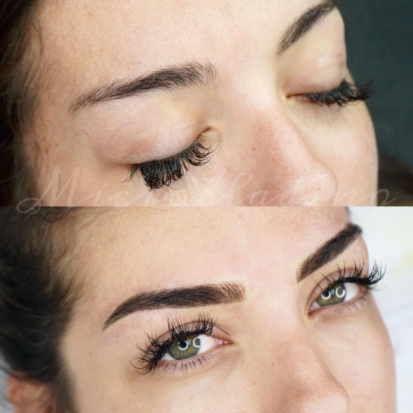 Before-and-after comparison of a permanent makeup brow transformation.
