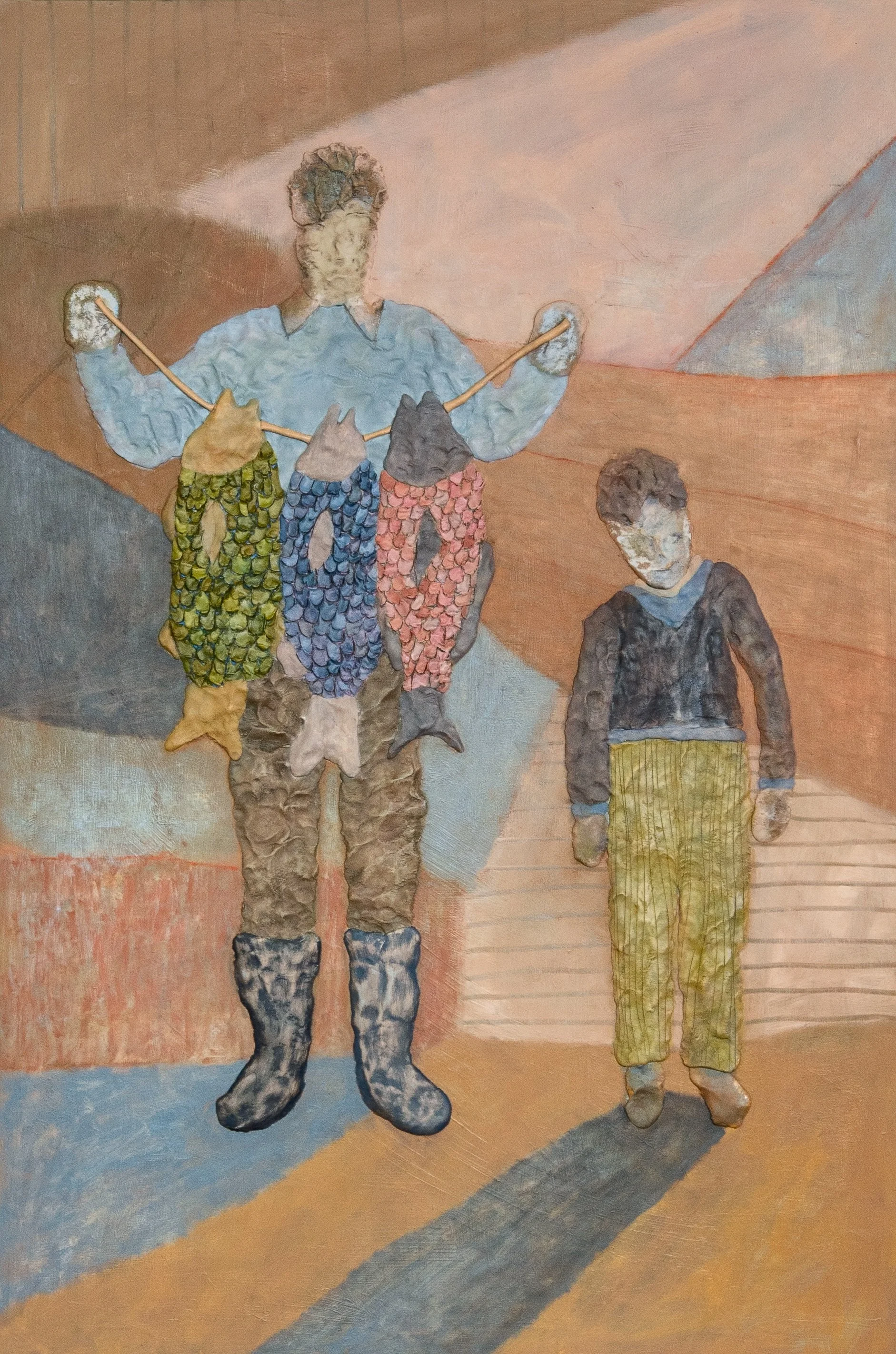 August Waders; 2025; 36 in x 24 in; Epoxy clay, oil, and acrylic on cradled wood panel