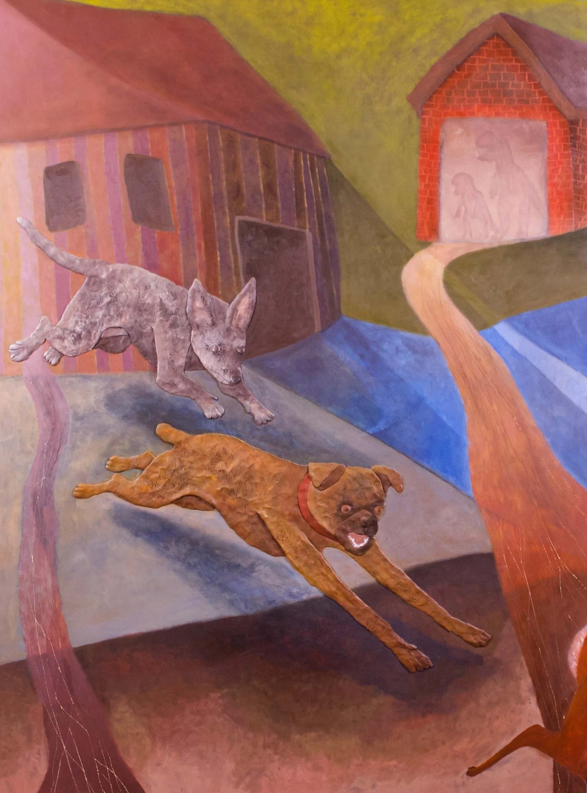 Revenge at Dino Town; 2026; 36in x 48in; Epoxy clay, oil, and acrylic on cradled wood panel