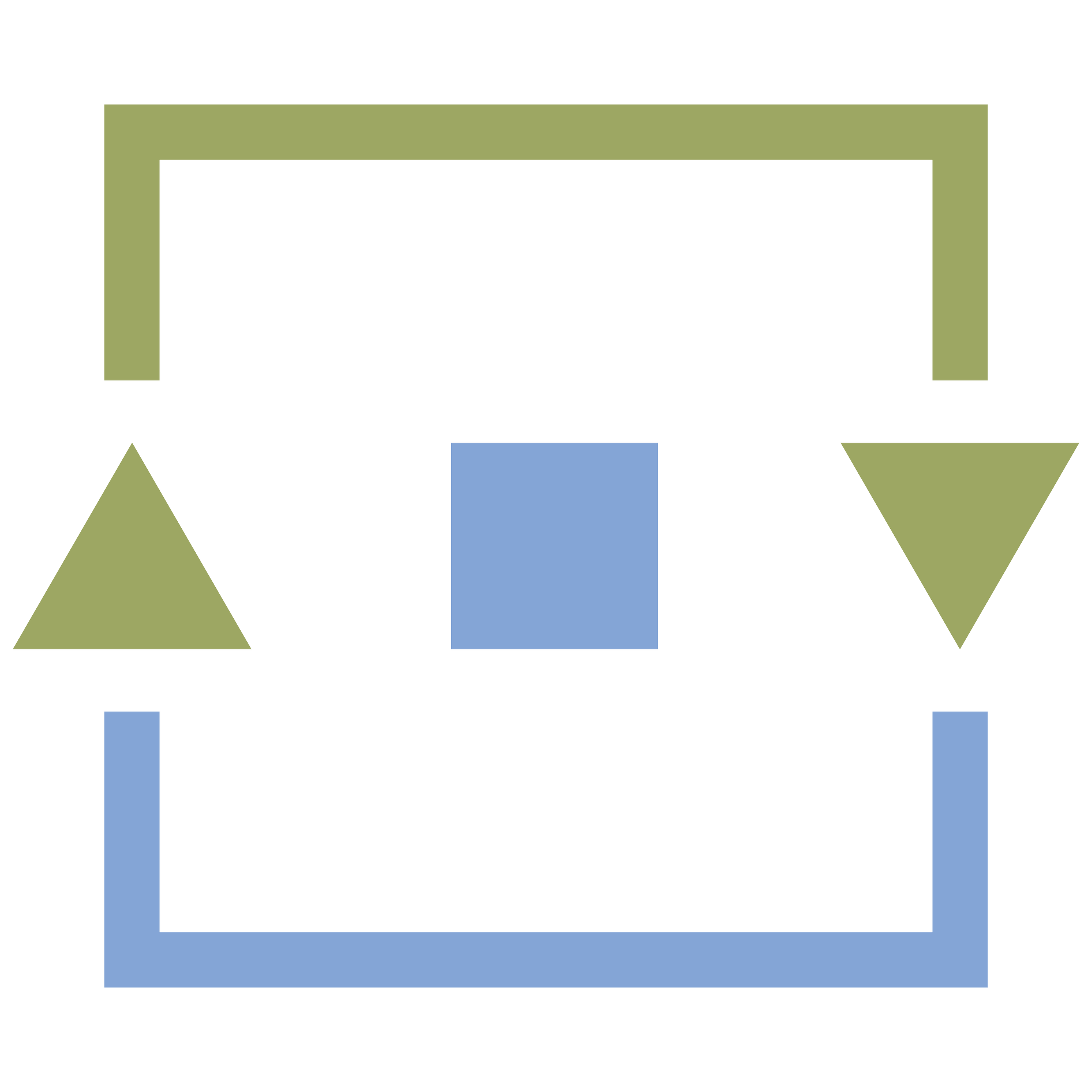 A diagram illustrating a process with shapes connected by arrows. It includes a large green rectangle at the top, two green triangles pointing inward on the sides, a blue square in the middle, and a large blue U-shape at the bottom.
