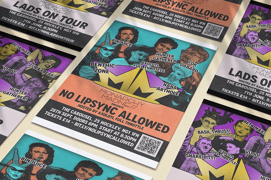 Event poster for 'No Lipsync Allowed' hosted by Axolotl, scheduled for September 28th at The Carousel in Hockley, with doors opening at 8 PM and starting at 8:30 PM. The poster features illustrated images of performers Basil Thrust, Snake Pitt!, Vujo!, Beta Max, Eural Freak, Hunter Gatherer, Bin Juice, Nana Arhole, Dabor, Tok, and Benthic Zone.