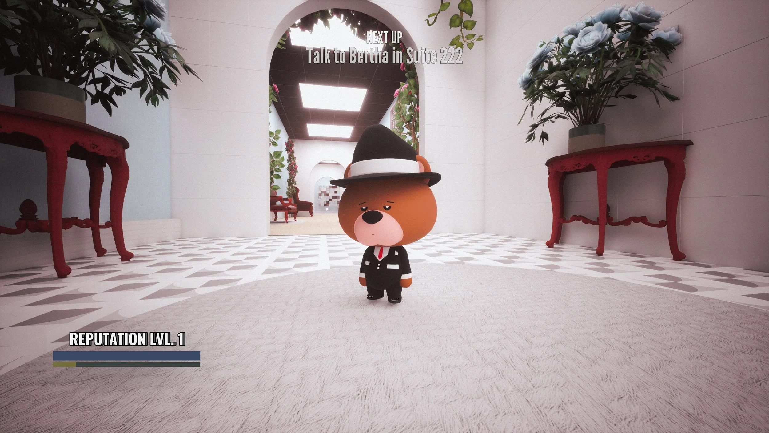 Animated bear character dressed like a businessman standing in a bright, modern corridor with decorative plants and red furniture. Text on the screen reads, 'Next Up Talk to Bertha in Suite 222' and 'Reputation Level 1' with a health bar below.