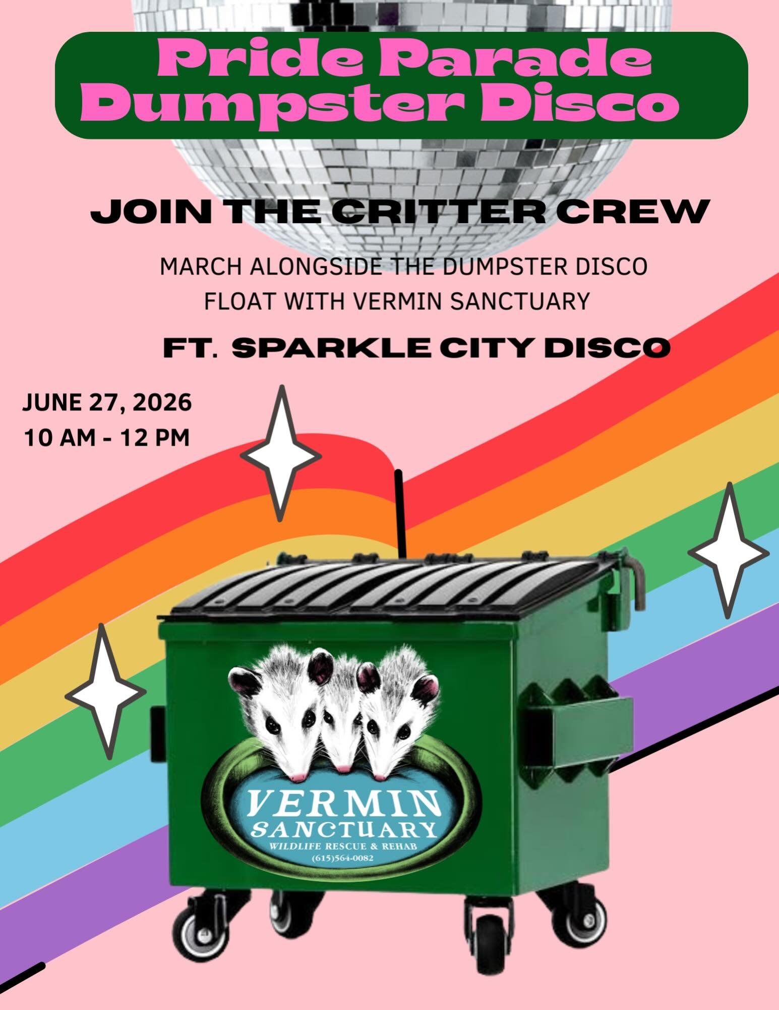 🪩🐀 HAPPY PRIDE MONTH, YA FILTHY ANIMALS 🐀🪩

This year Vermin Sanctuary is building the Pride Parade Dumpster Disco, an immersive art float and fundraiser for wildlife rescue.

Featuring Sparkle City DJs, Critter Burlesque performers, and a whole 