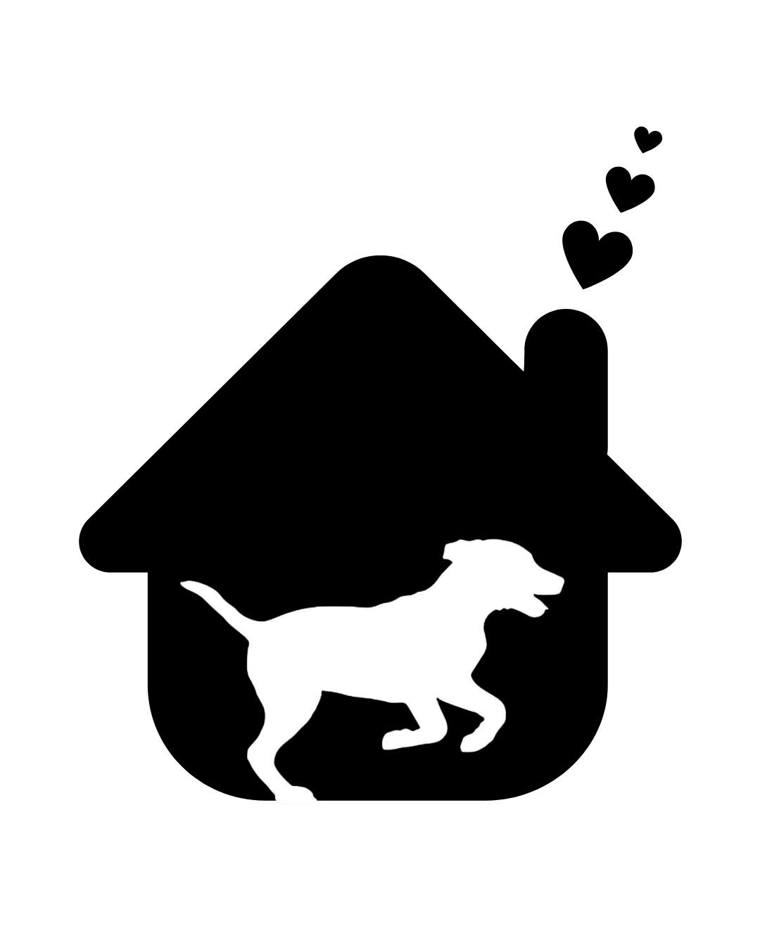 A black silhouette of a house with a dog inside, and three small hearts floating above the house