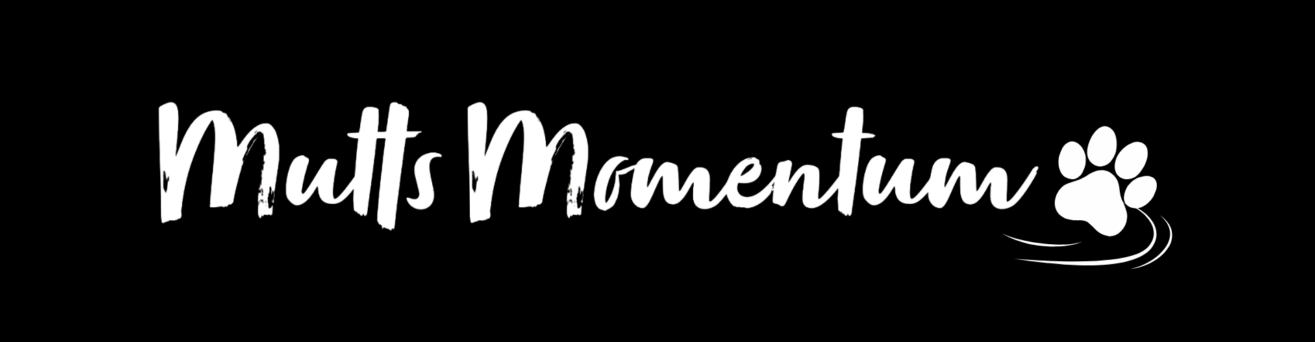 Logo for Mutts Momentum featuring stylized white text and a paw print icon on a black background.