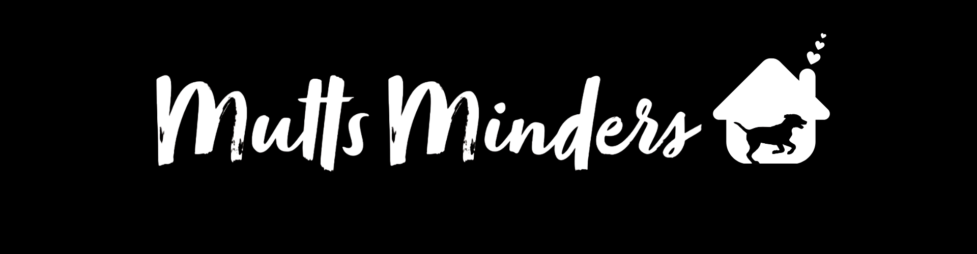 Logo with the words "Mutts Minds" and an illustration of a dog inside a house with hearts above