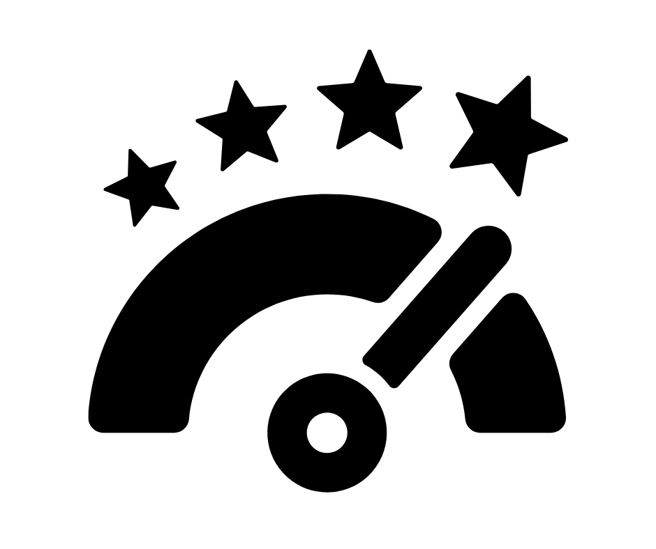 Black and white icon of a performance gauge with a needle pointing near the high end, topped with five stars