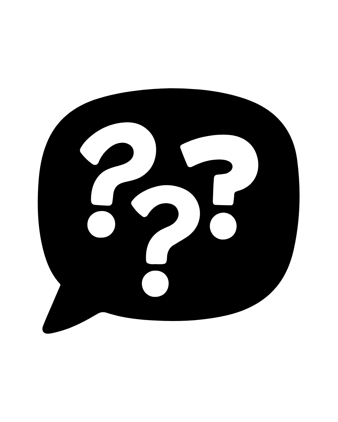 Black speech bubble with three white question marks inside.
