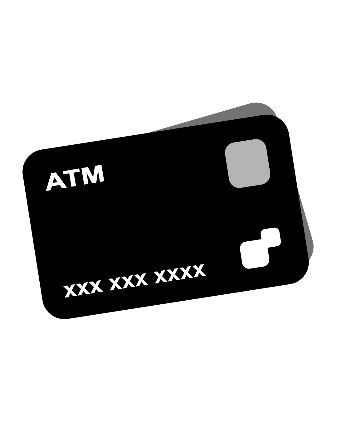 Black ATM debit card with white text and accents, tilted and partially shadowed.