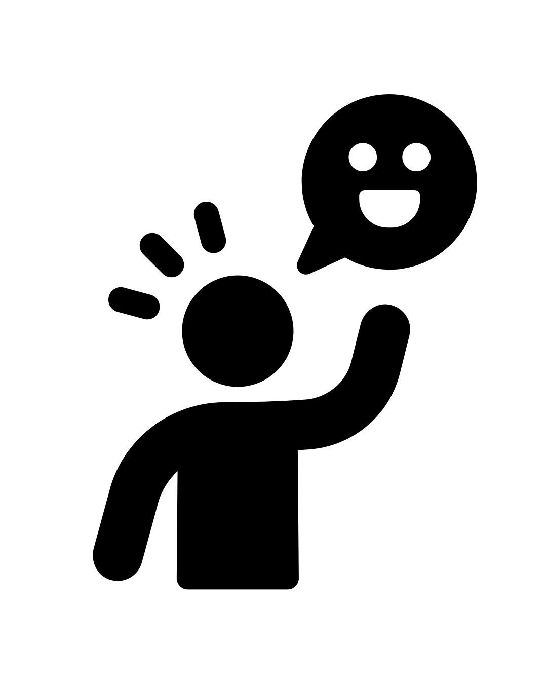Silhouette of a person with raised hand and surprised expression, speaking with a speech bubble showing a smiling face.