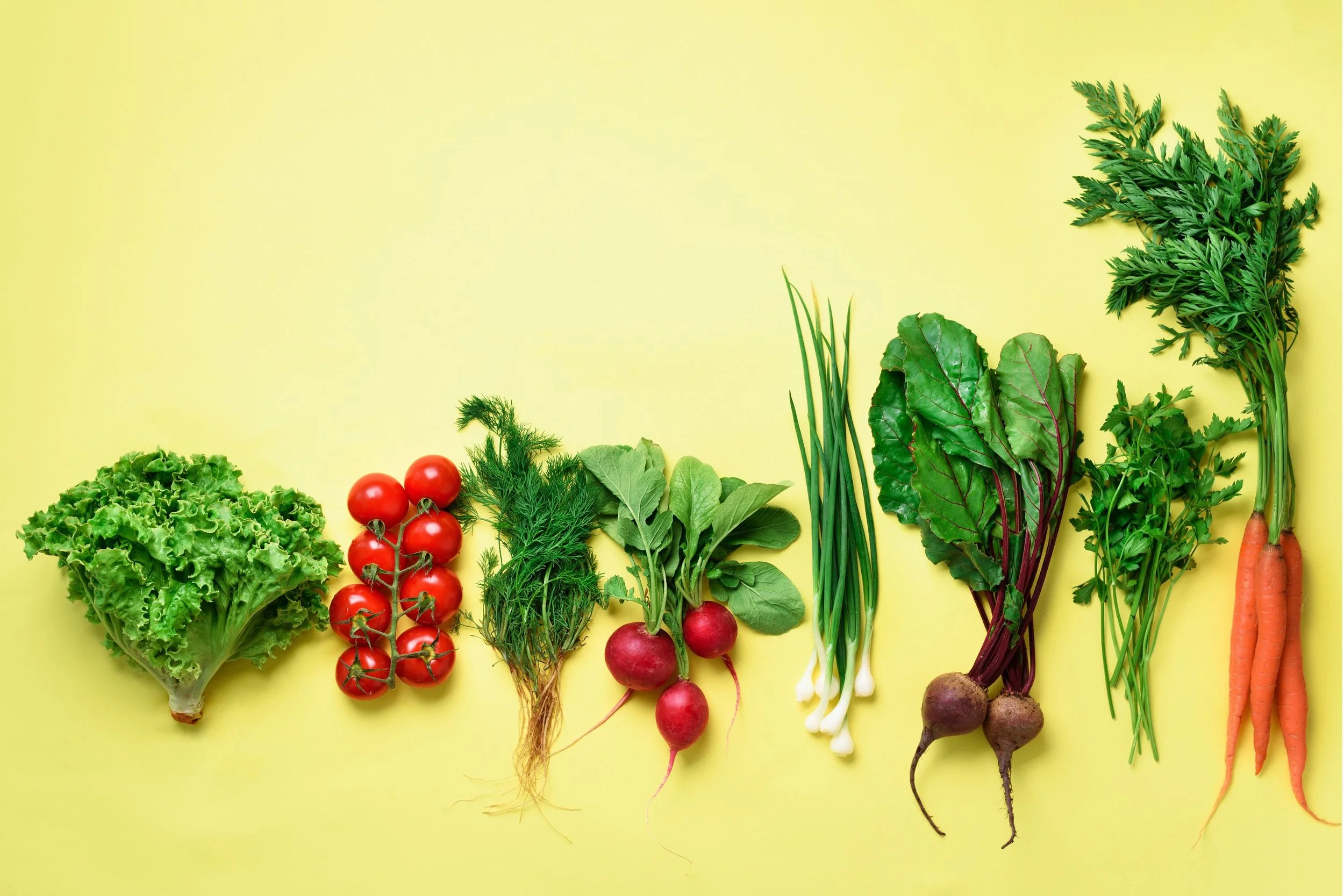 Arrangement of fresh vegetables including lettuce, cherry tomatoes, dill, radishes, green onions, Swiss chard, parsley, and carrots on a yellow background.