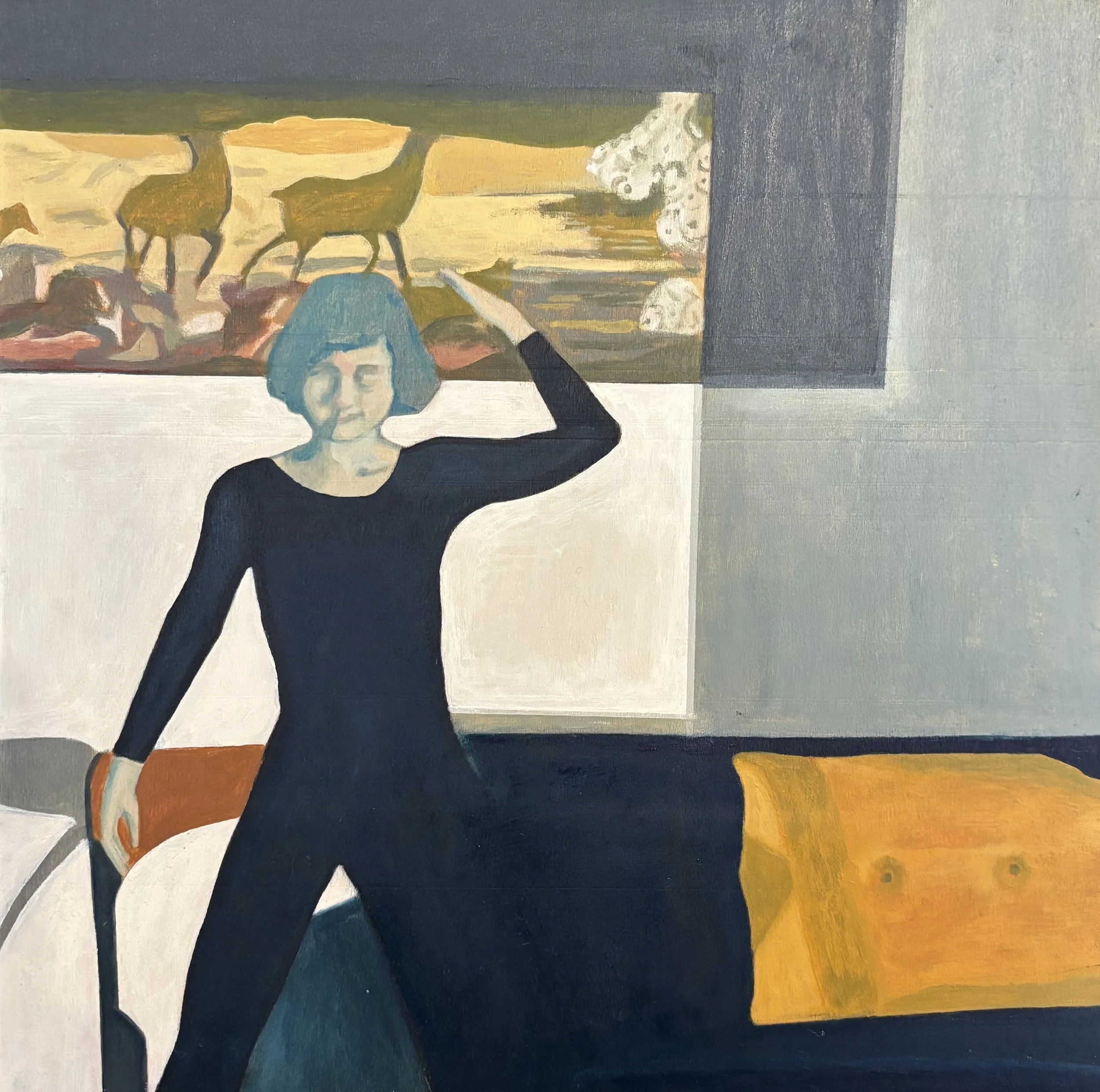 "Dancing Queen with Western Scene" 2026  12" x 12"   open acrylic on wood panel    Details   