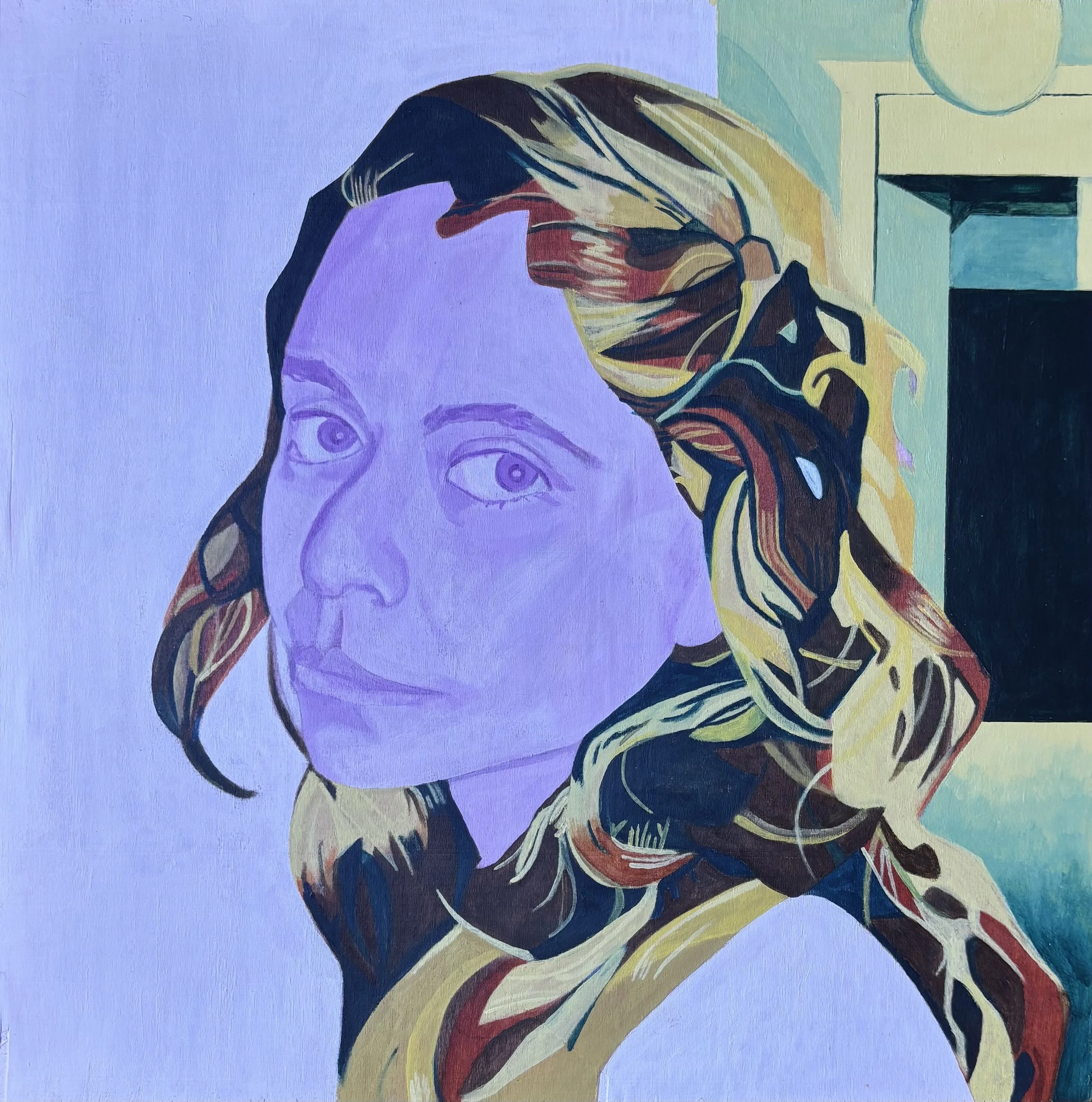 "Portrait on a Broken Canvas" 2026  12"x12"  acrylic on wood panel    Details   