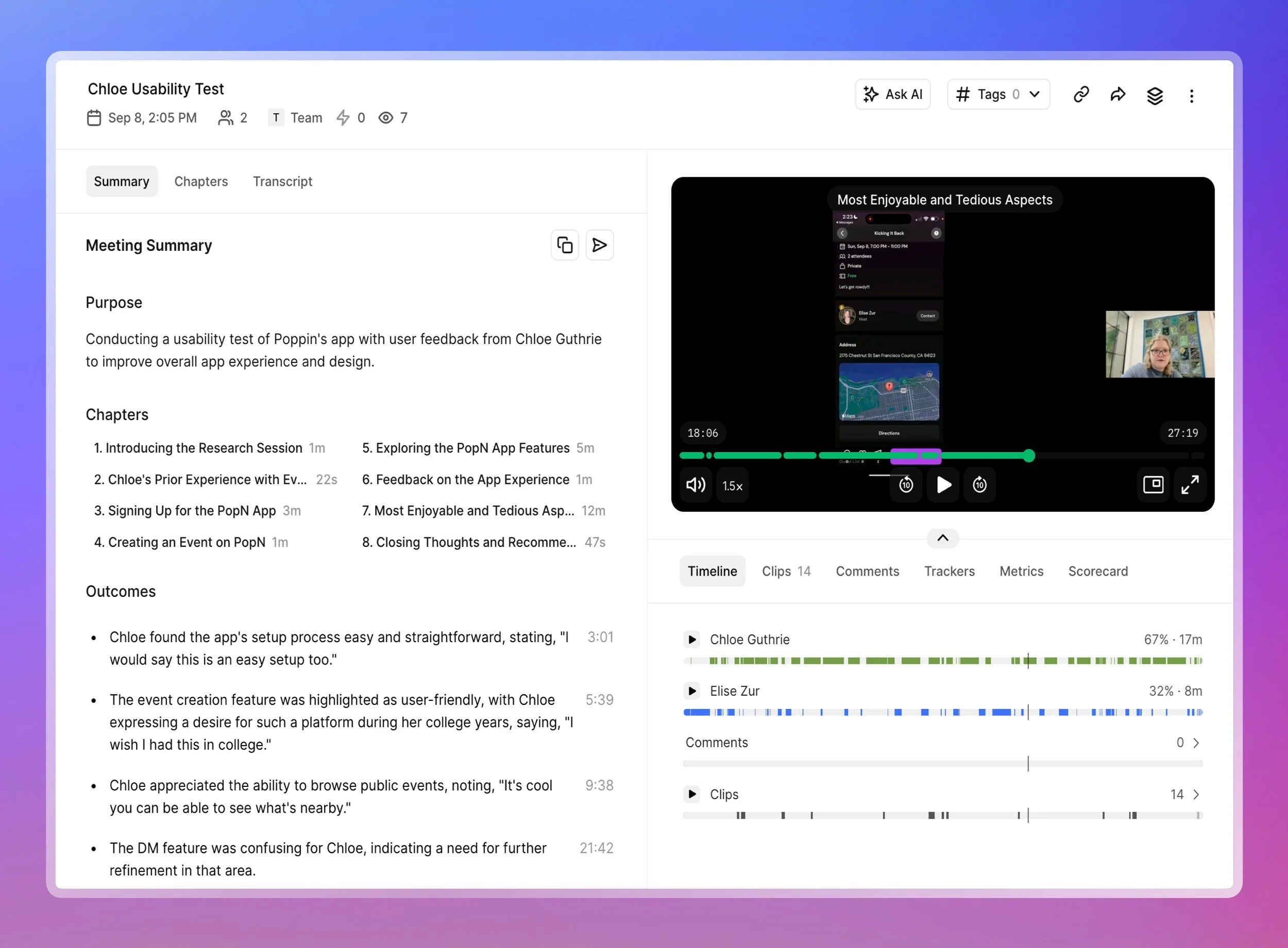 Screenshot of a digital meeting notes document showing a meeting summary, chapters, outcomes, and a video player on the right side with a session of a person named Elise Zur. The notes include details about app testing, feedback, and features.