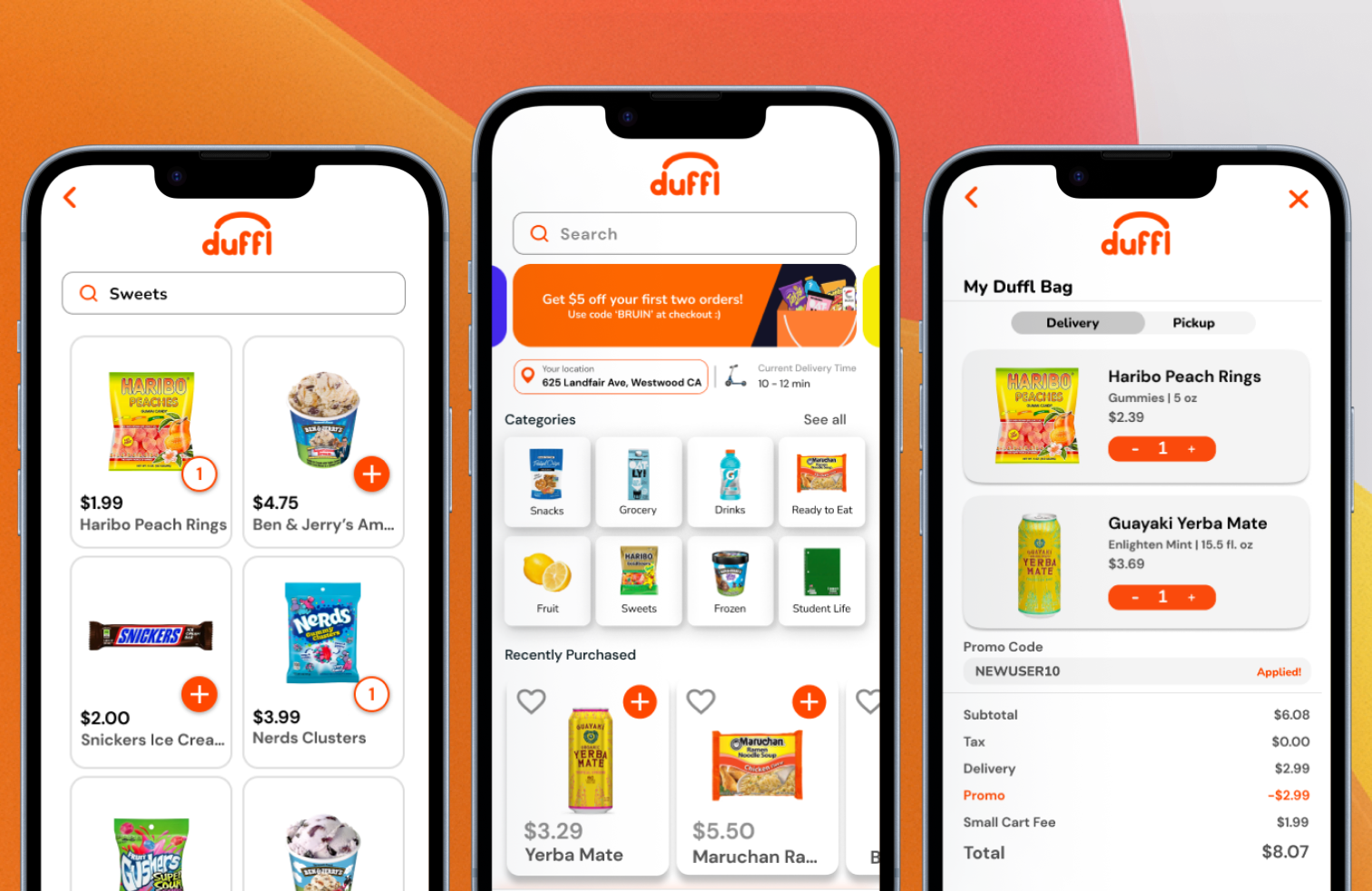 Three smartphones displaying the Duffi online shopping app. The first screen shows a list of sweet products including Haribo Peach Rings, Ben & Jerry's ice cream, Snickers, and Nerds, with prices and add buttons. The second screen displays the homepage with search bar, categories like Snacks, Grocery, Drinks, and Fruits, and recent purchases. The third screen shows the shopping cart with selected items, Haribo Peach Rings and Guayaki Yerba Mate, with quantity controls and pricing details.