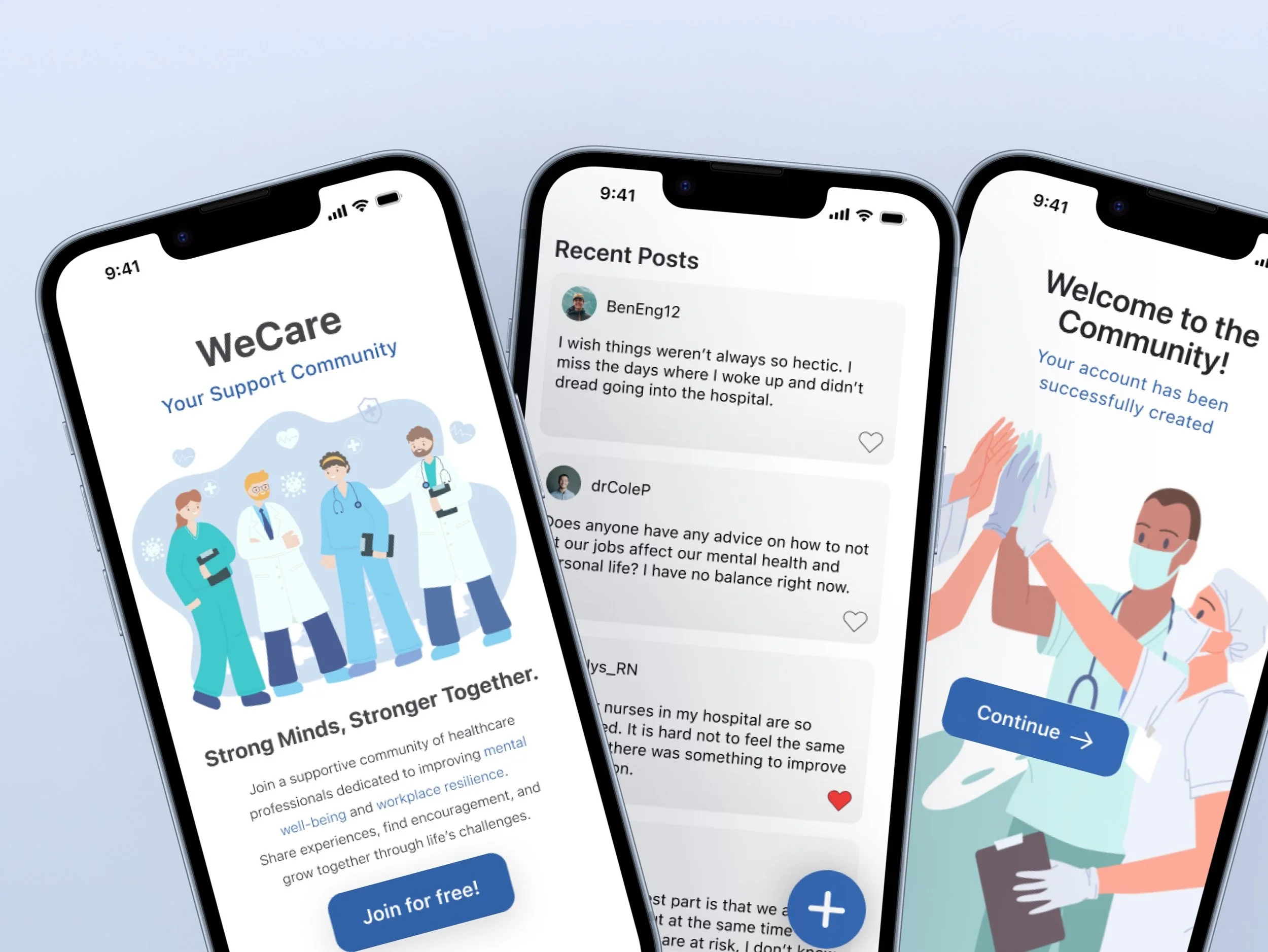 Three smartphones displaying a healthcare community app with welcoming messages, recent posts, and illustrations of healthcare professionals, including doctors and nurses, wearing masks and scrubs.