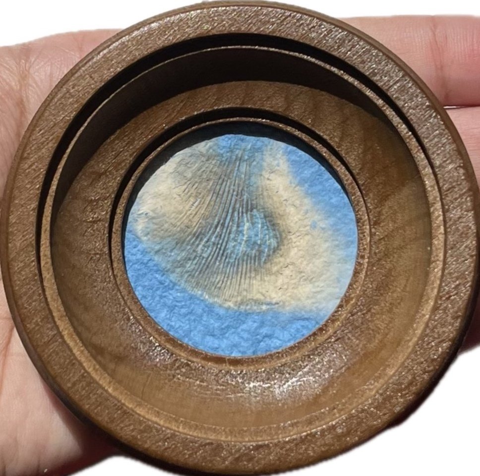 marlene - oyster mushroom spore print on denim/cotton paper. oct. 2023.