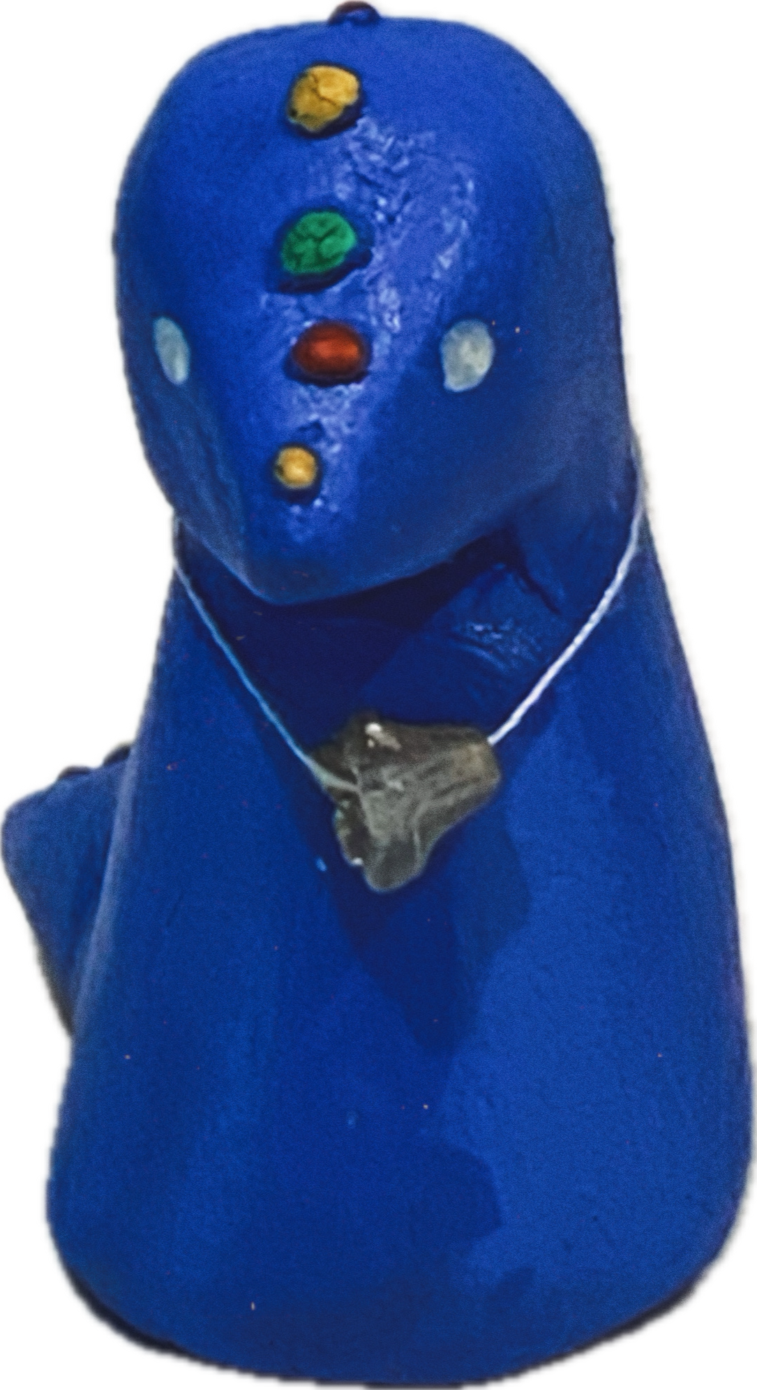Asaase Afua - nov. 2022. hand-mixed clay sculpture painted with water based acrylic, adorned with a cotton string and Czech glass bead necklace.