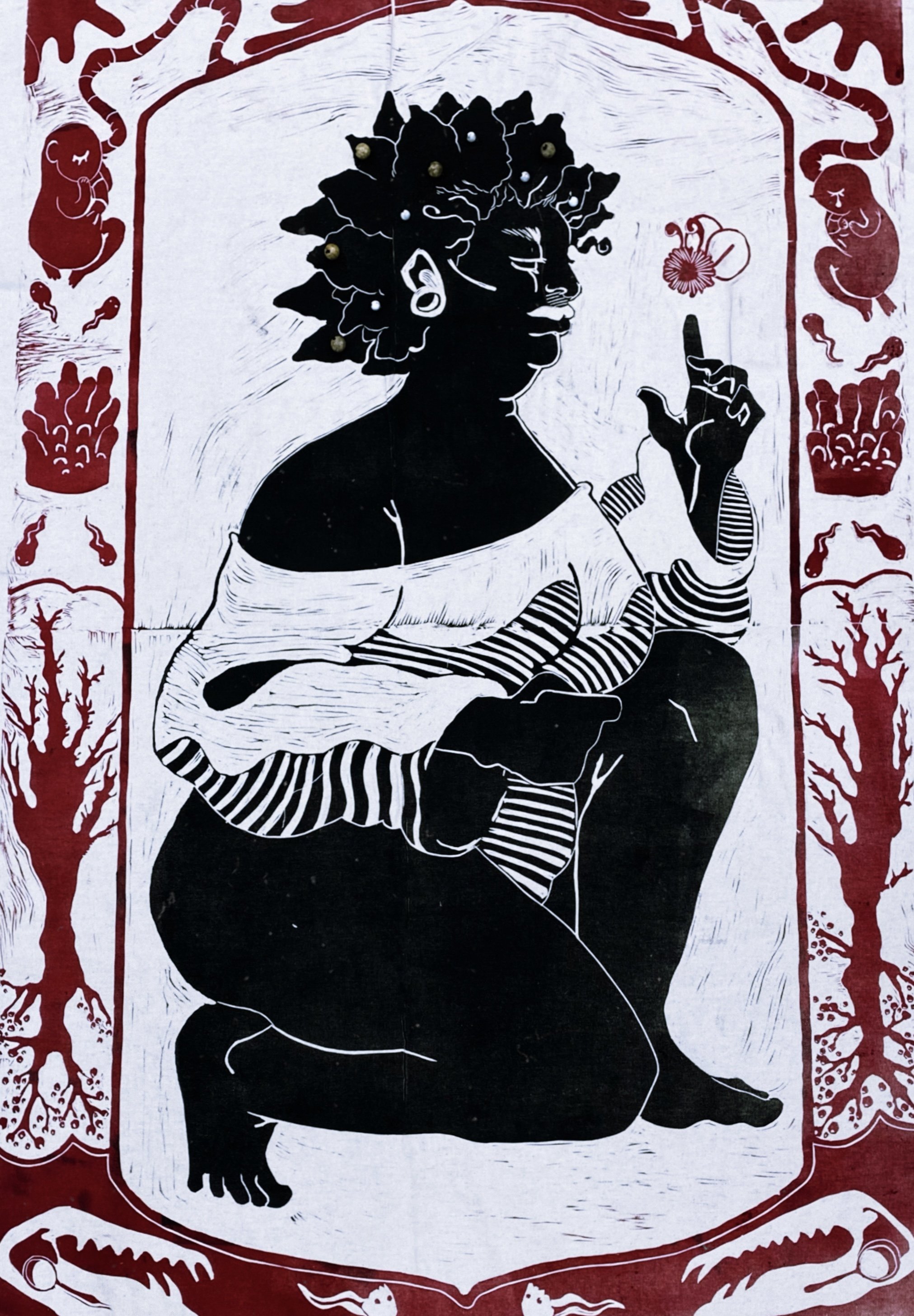 mitochondrial eve - 6 ft. x 3 ft. linocut on cotton canvas. oct. 2022.