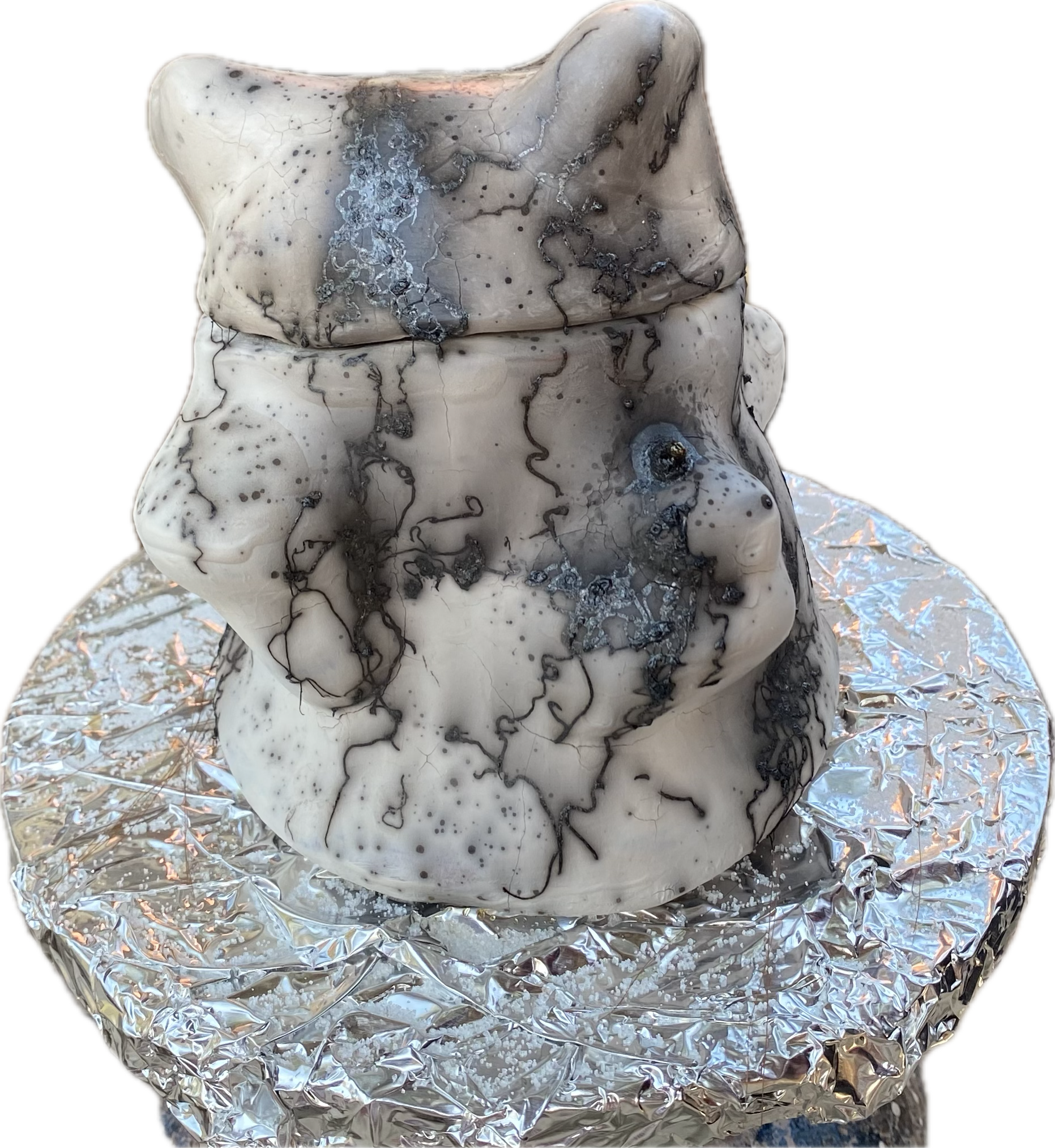 112° - oct. 2021. raku-fired, hand-mixed clay sculpture, patterned with burning sugar and horse hair.