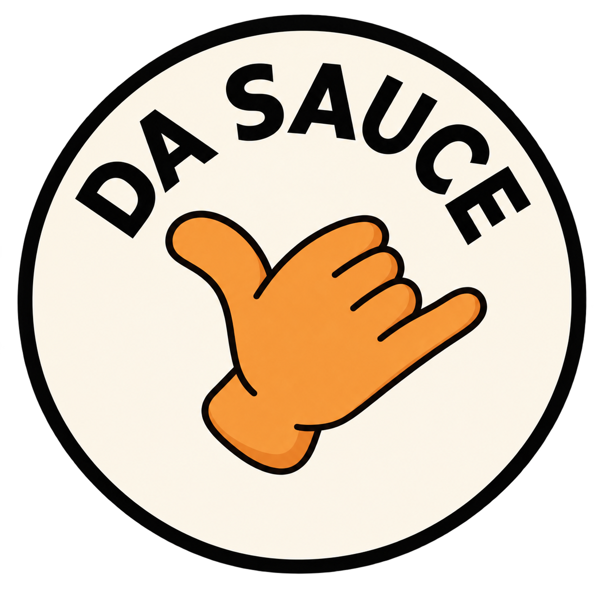 Logo with a hand making a shaka sign and the words "Daa Sauce" around it.