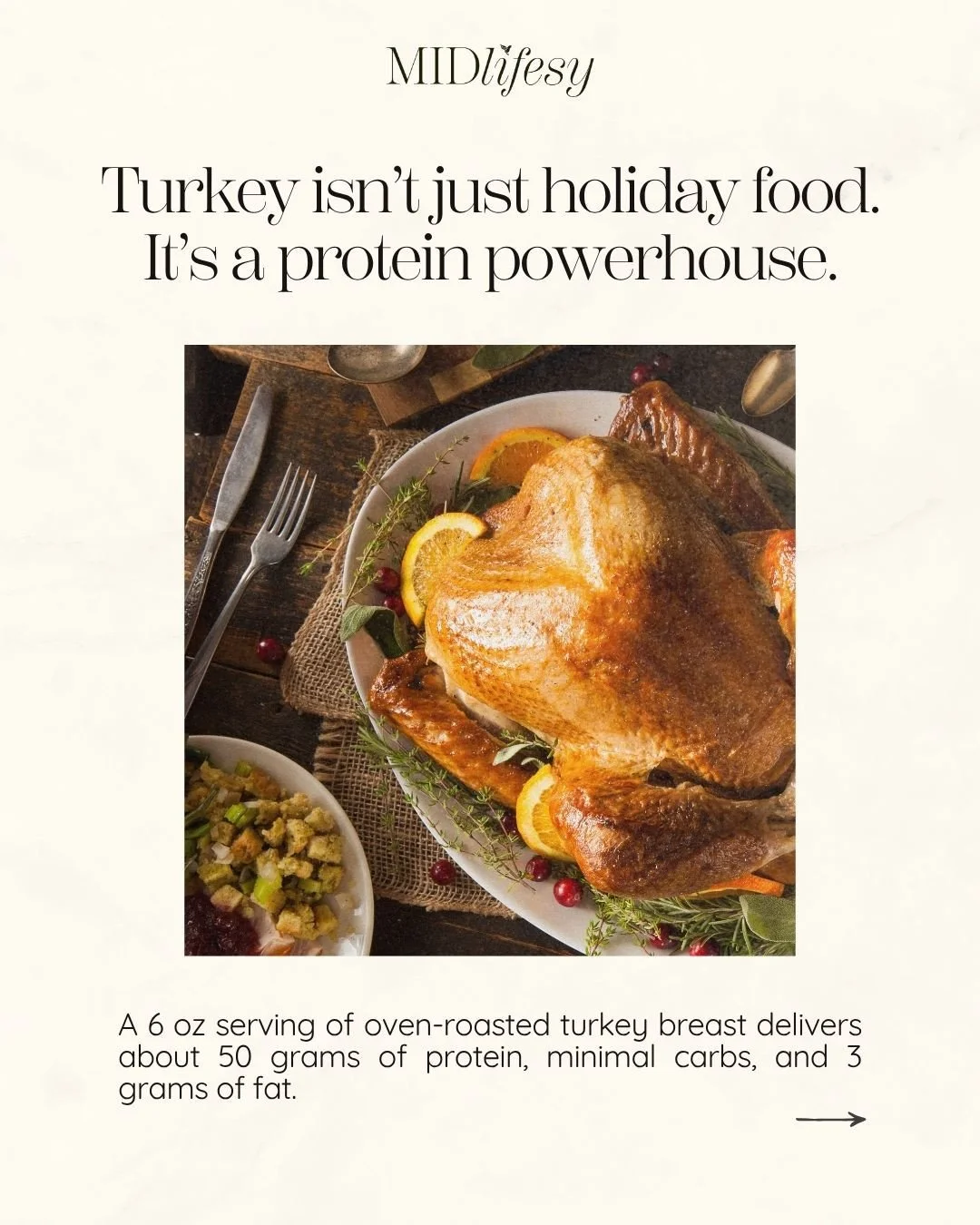 Turkey isn&rsquo;t just holiday food&mdash;it&rsquo;s a protein powerhouse. 🦃⁠
Lean, steady fuel for muscle, metabolism, and energy.⁠
Add it to your meal prep, not just your holiday plate.⁠
⁠
DM HOLIDAY for tools to keep your nutrition balanced this