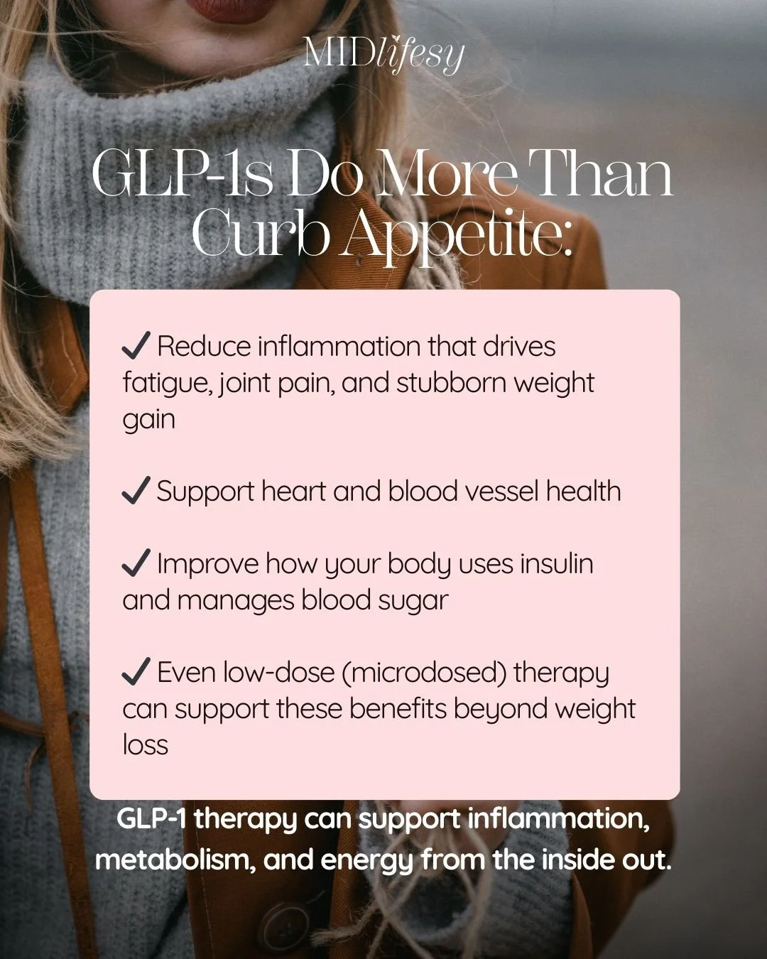 GLP‑1 therapy isn&rsquo;t just about appetite&mdash;it&rsquo;s about healing from the inside out. 🔥

When inflammation runs high, it can show up as:
⚡ Constant fatigue
⚡ Stubborn weight that won&rsquo;t budge
⚡ Brain fog or low mood
⚡ Achy joints

G
