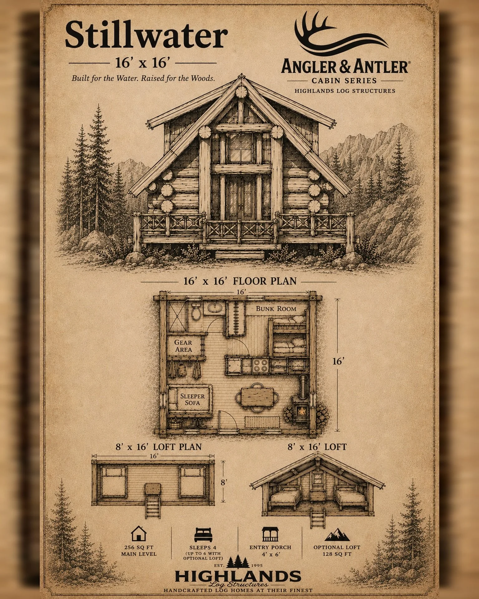 The Stillwater is ready now - no waiting.

16'x16' of chink-style craftsmanship, built for the water and raised for the woods. 256 sq ft on the main level, sleeps 4 (up to 6 with the optional loft), and a cozy entry porch to take it all in.

Gear are