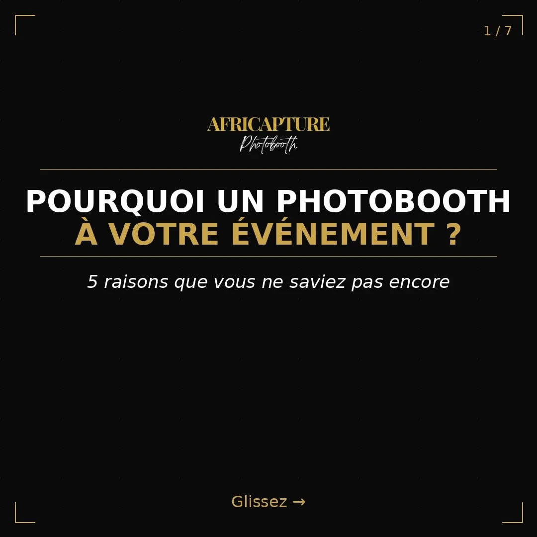 5 raisons pour lesquelles votre prochain &eacute;v&eacute;nement ne peut pas se passer d&rsquo;un photobooth. 📸
Glissez pour tout savoir. 👆
Africapture, c&rsquo;est le photobooth premium de r&eacute;f&eacute;rence &agrave; Dakar. Souvenirs instanta